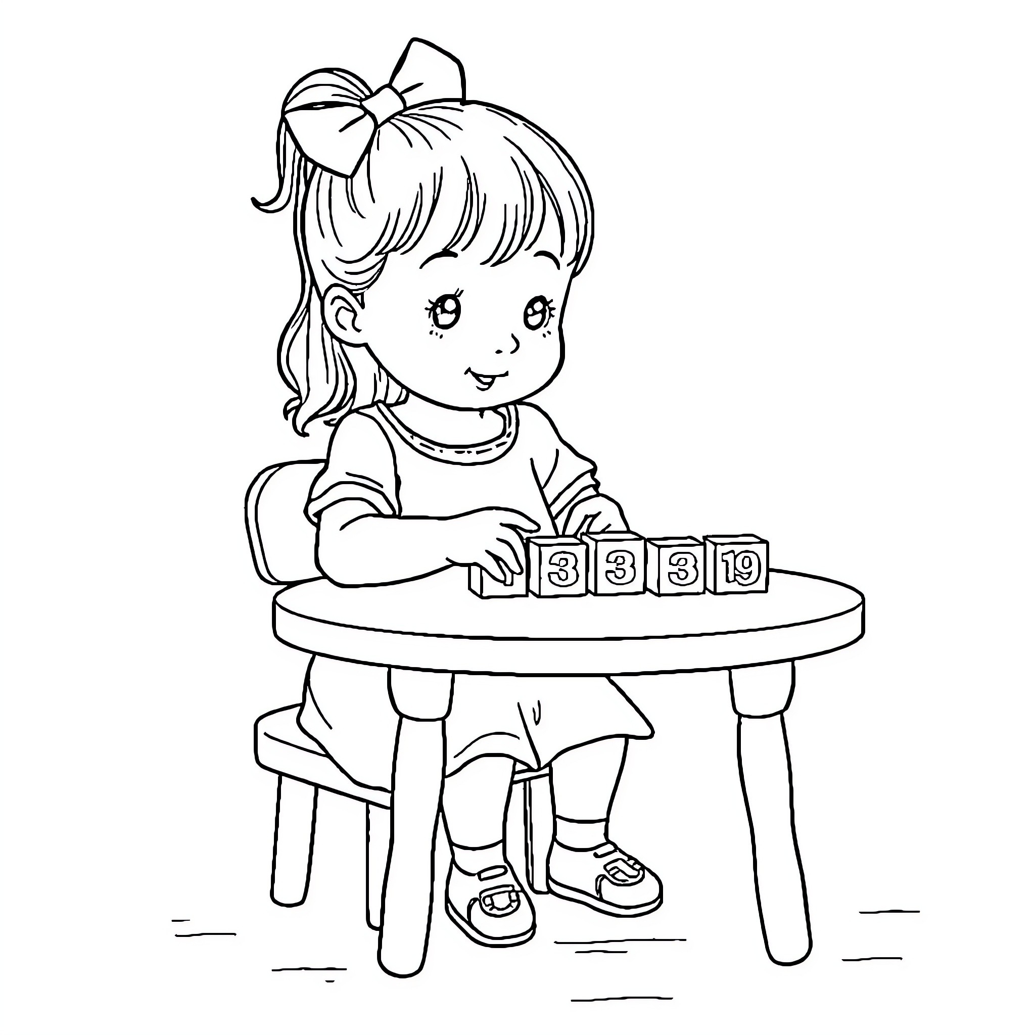 Girl Happily Playing with Counting Blocks Coloring Page (free black-and-white line drawing printable PDF for all, from beginners to advanced learners, including children, teens, adults, and seniors)