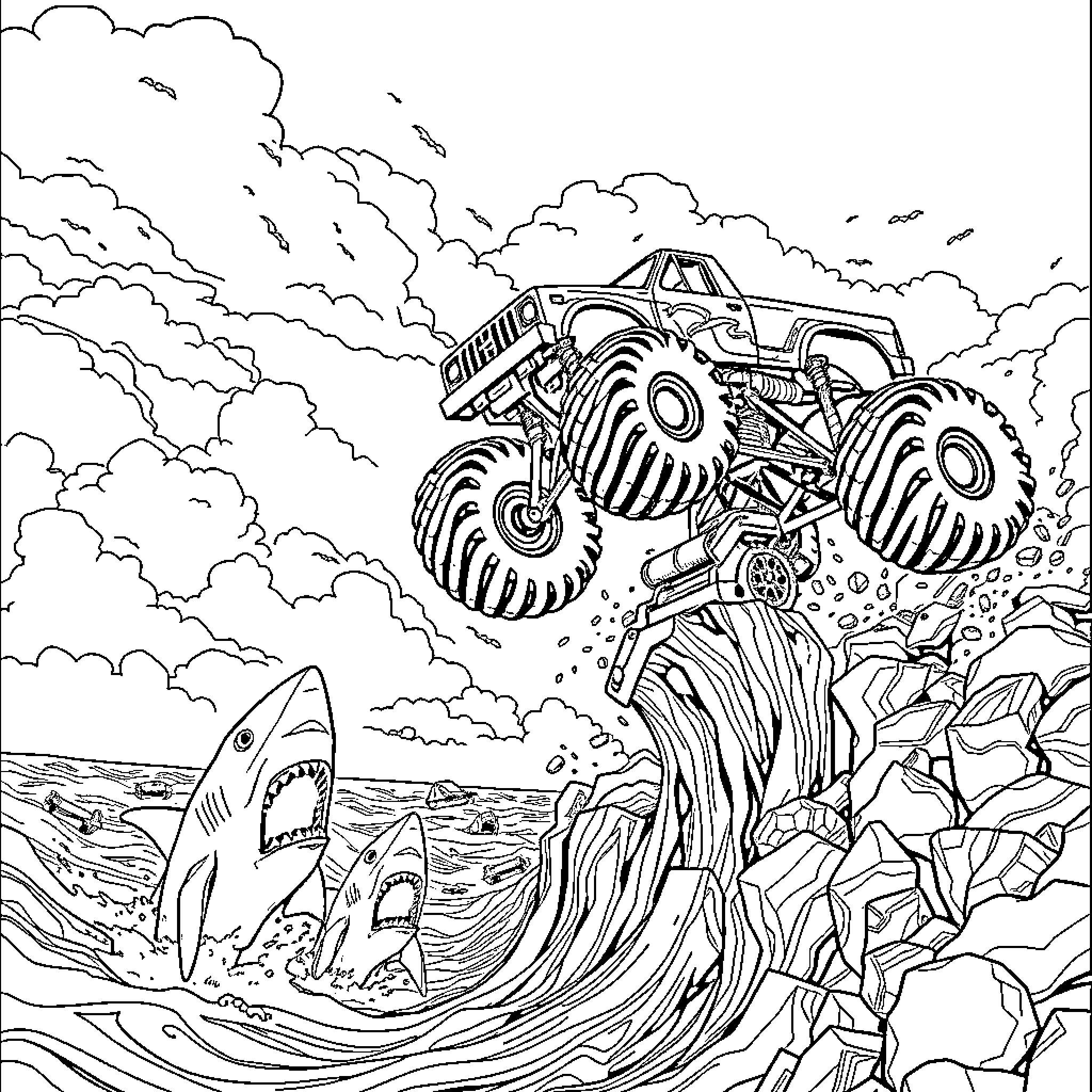 Monster Truck Crushing Waves and Rocks Coloring Page (free black-and-white line drawing printable PDF for all, from beginners to advanced learners, including children, teens, adults, and seniors)