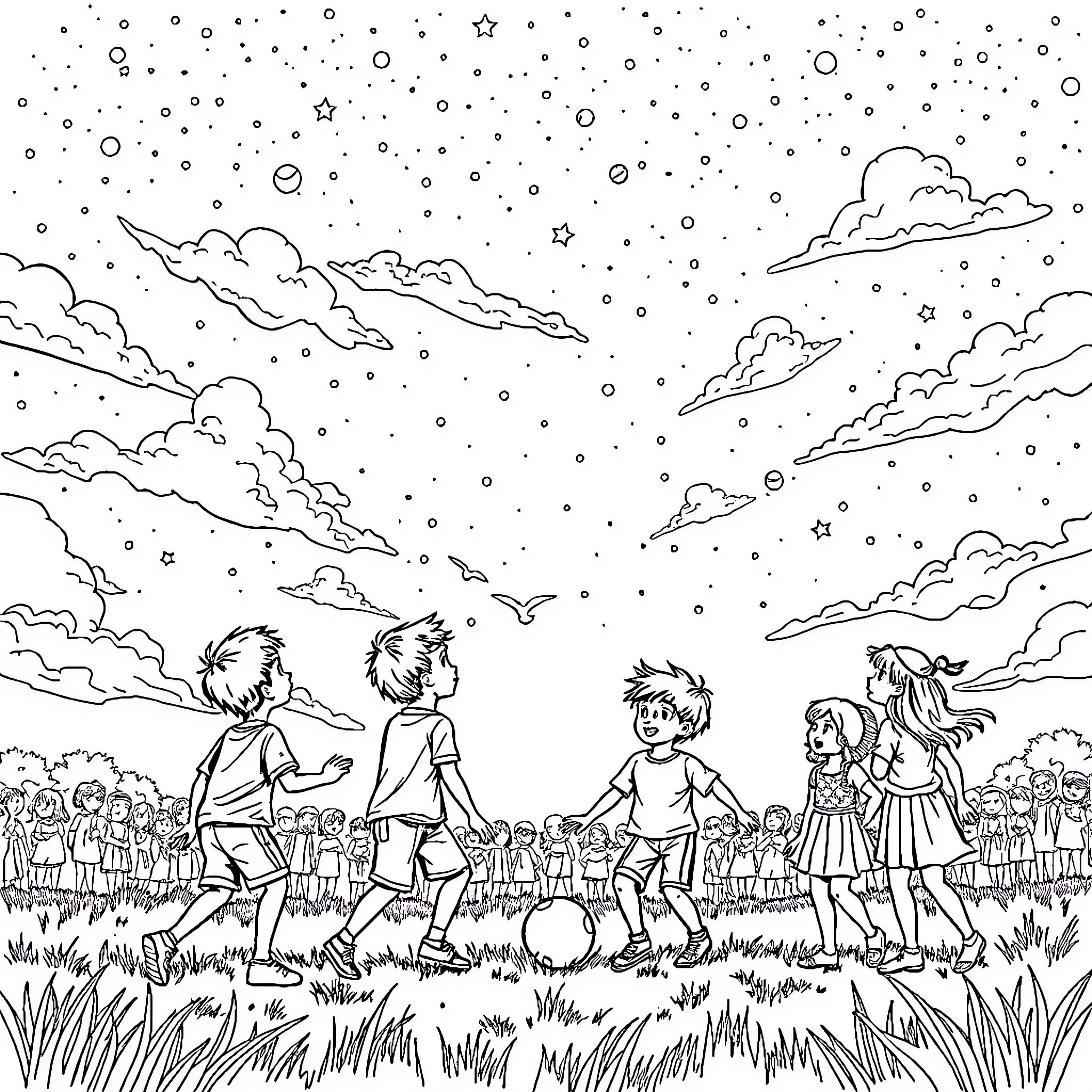 Boy's Outdoor Adventure with Friends Coloring Page (free black-and-white line drawing printable PDF for all, from beginners to advanced learners, including children, teens, adults, and seniors)
