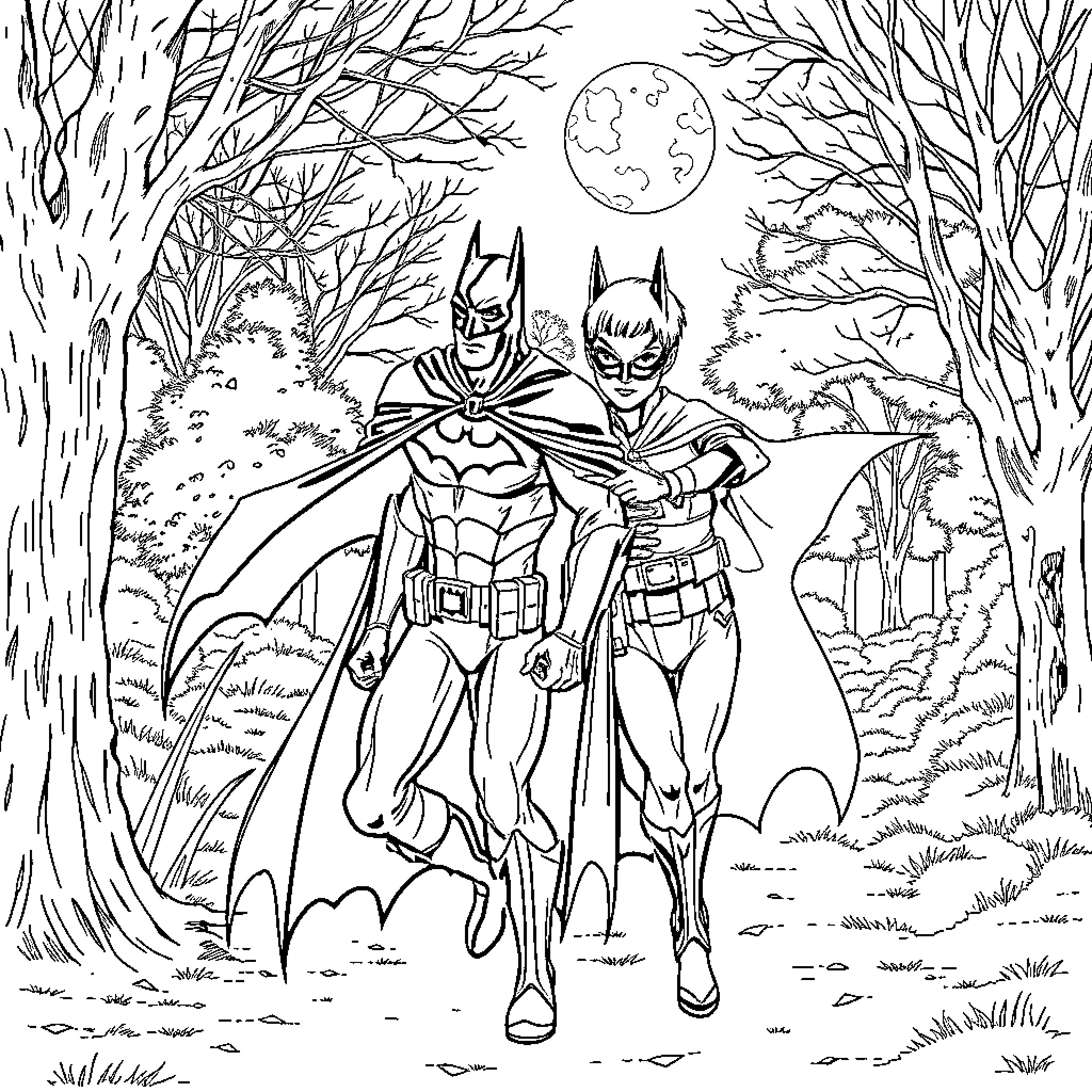 Batman and Robin Heroically Venture Through the Mysterious Forest Coloring Page (free black-and-white line drawing printable PDF for all, from beginners to advanced learners, including children, teens, adults, and seniors)