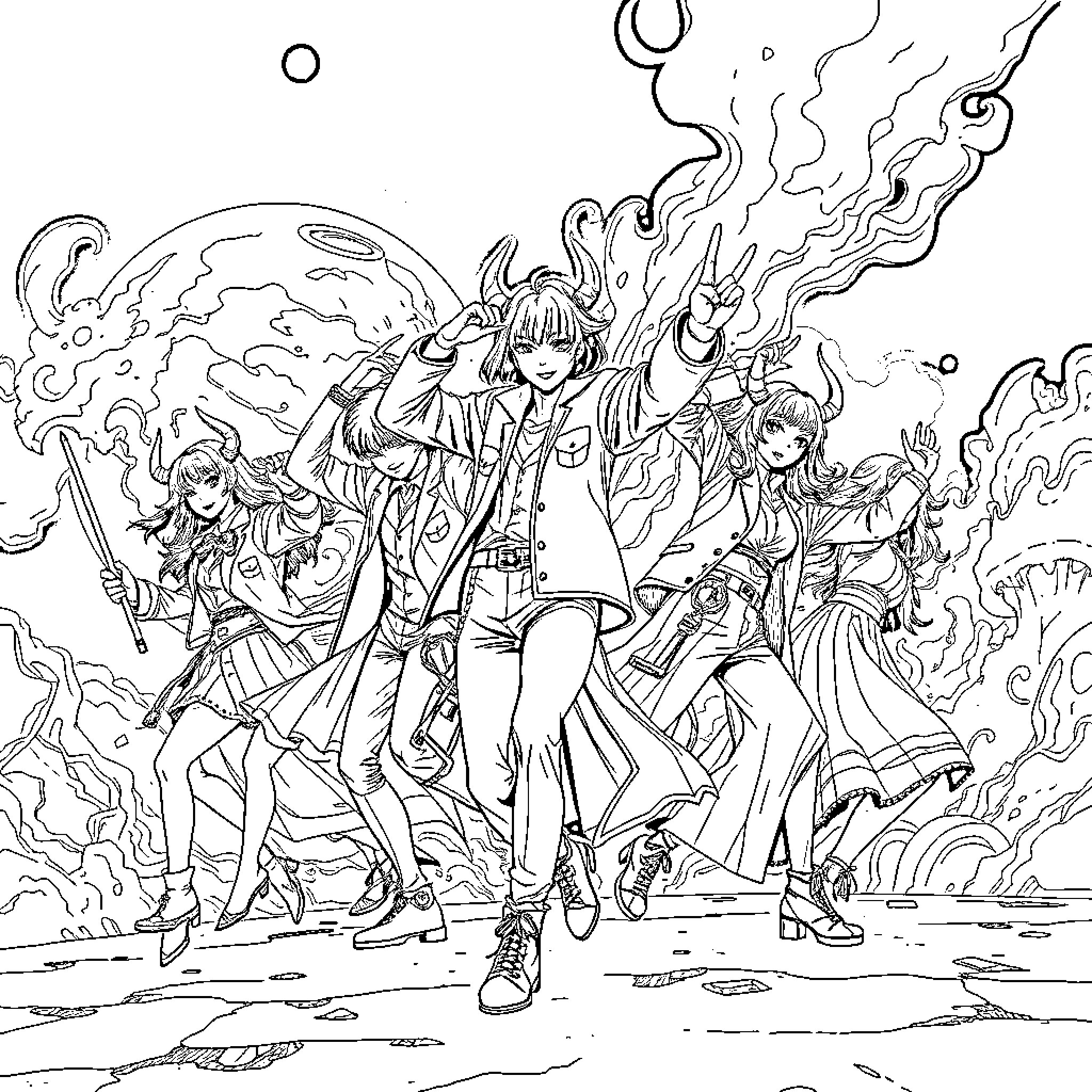 Kpop Demon Hunter: Adventurous Idol Group Battles Supernatural Forces Coloring Page (free black-and-white line drawing printable PDF for all, from beginners to advanced learners, including children, teens, adults, and seniors)