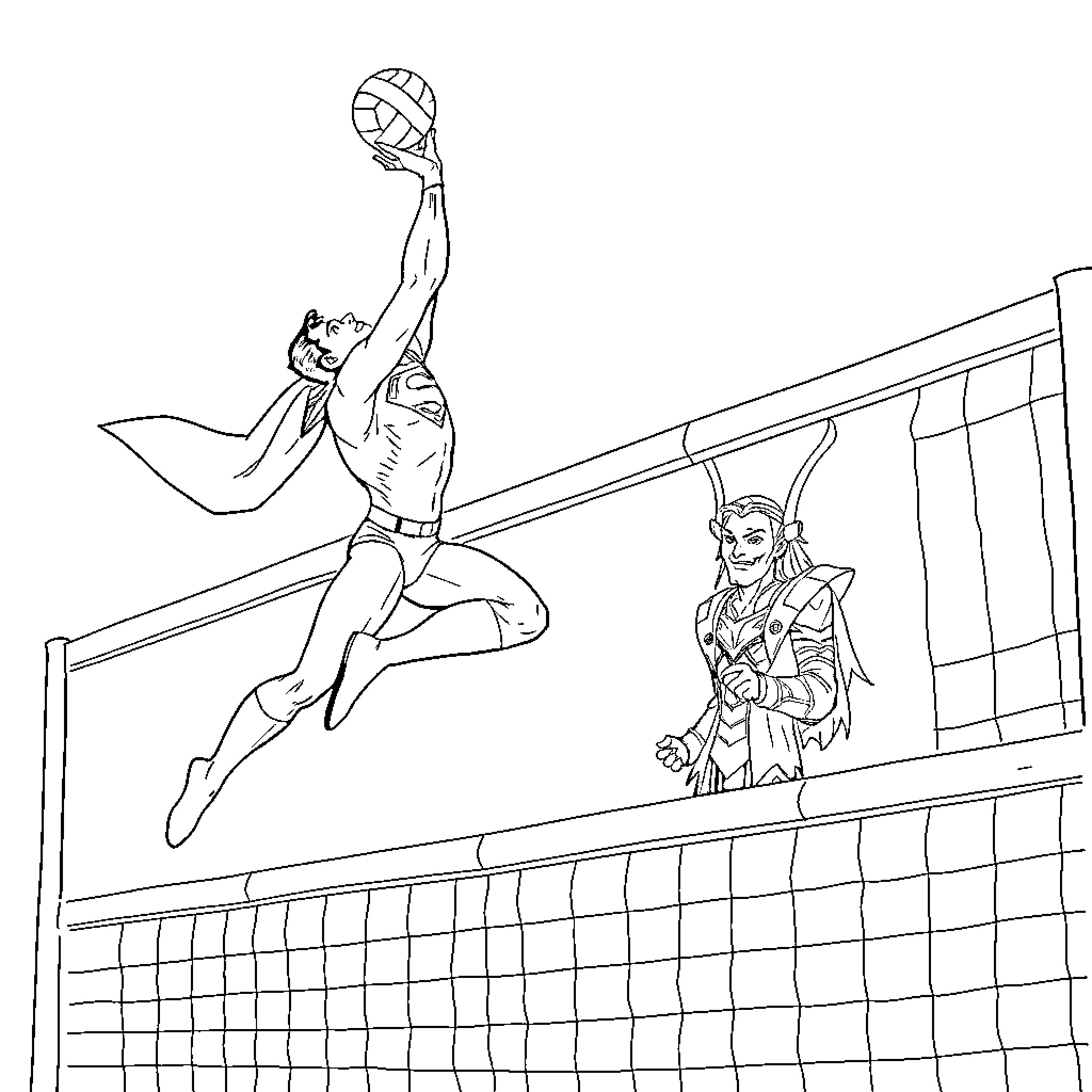 Superman spiking the ball in volleyball match Coloring Page (free black-and-white line drawing printable PDF for all, from beginners to advanced learners, including children, teens, adults, and seniors)