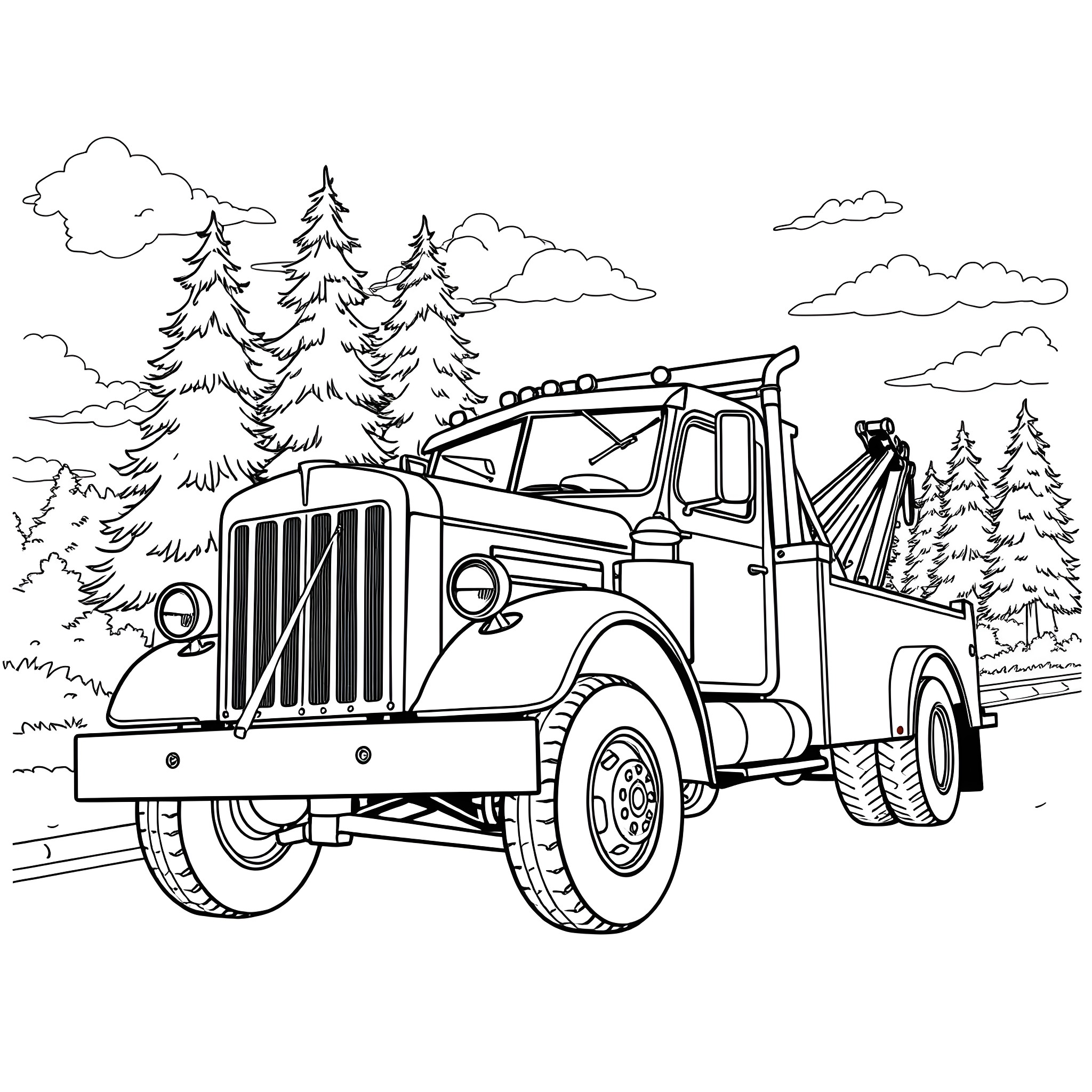 Tow Truck carrying heavy load on rural road Coloring Page (free black-and-white line drawing printable PDF for all, from beginners to advanced learners, including children, teens, adults, and seniors)