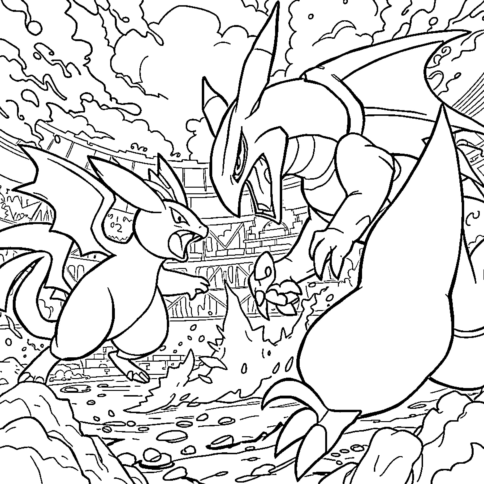 Pokémon Epic Battles in Fantastical Landscapes Coloring Page (free black-and-white line drawing printable PDF for all, from beginners to advanced learners, including children, teens, adults, and seniors)