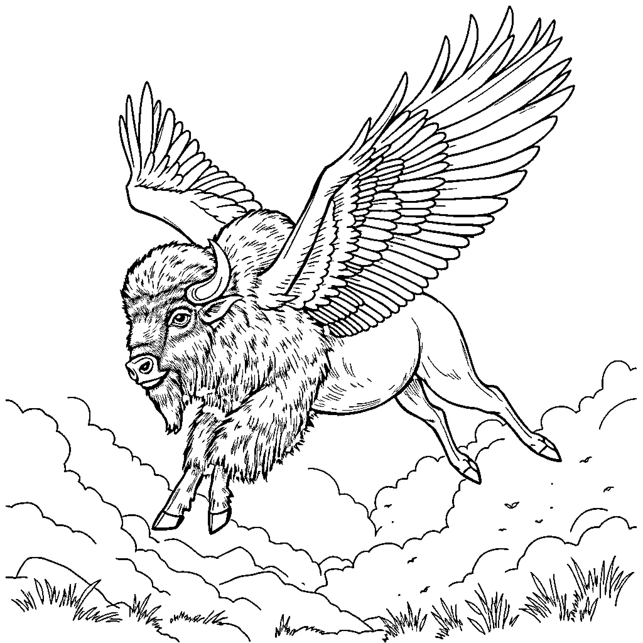Bison with majestic wings soaring through the clouds Coloring Page (free black-and-white line drawing printable PDF for all, from beginners to advanced learners, including children, teens, adults, and seniors)