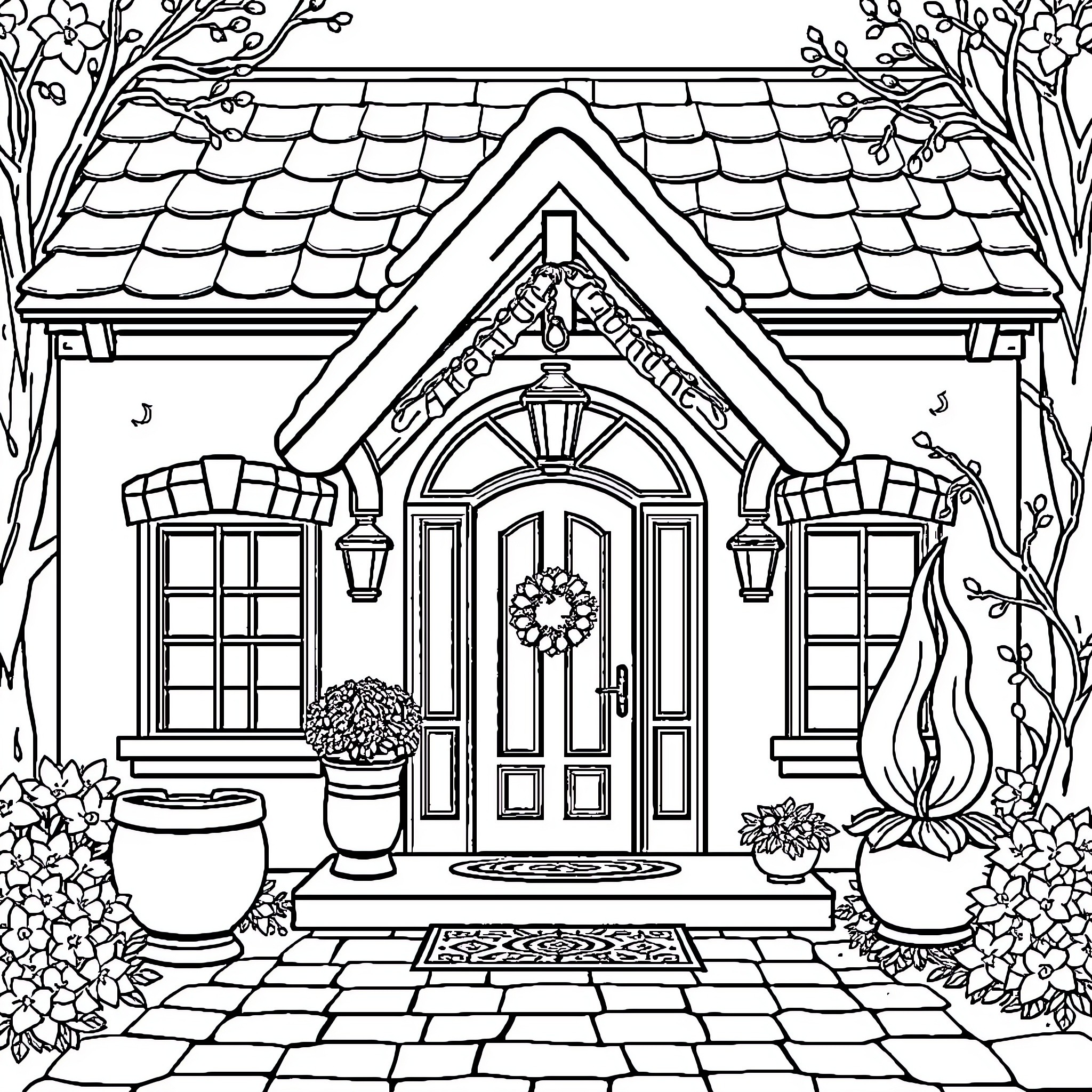 House with Ornate Entrance and Floral Decor Coloring Page (free black-and-white line drawing printable PDF for all, from beginners to advanced learners, including children, teens, adults, and seniors)