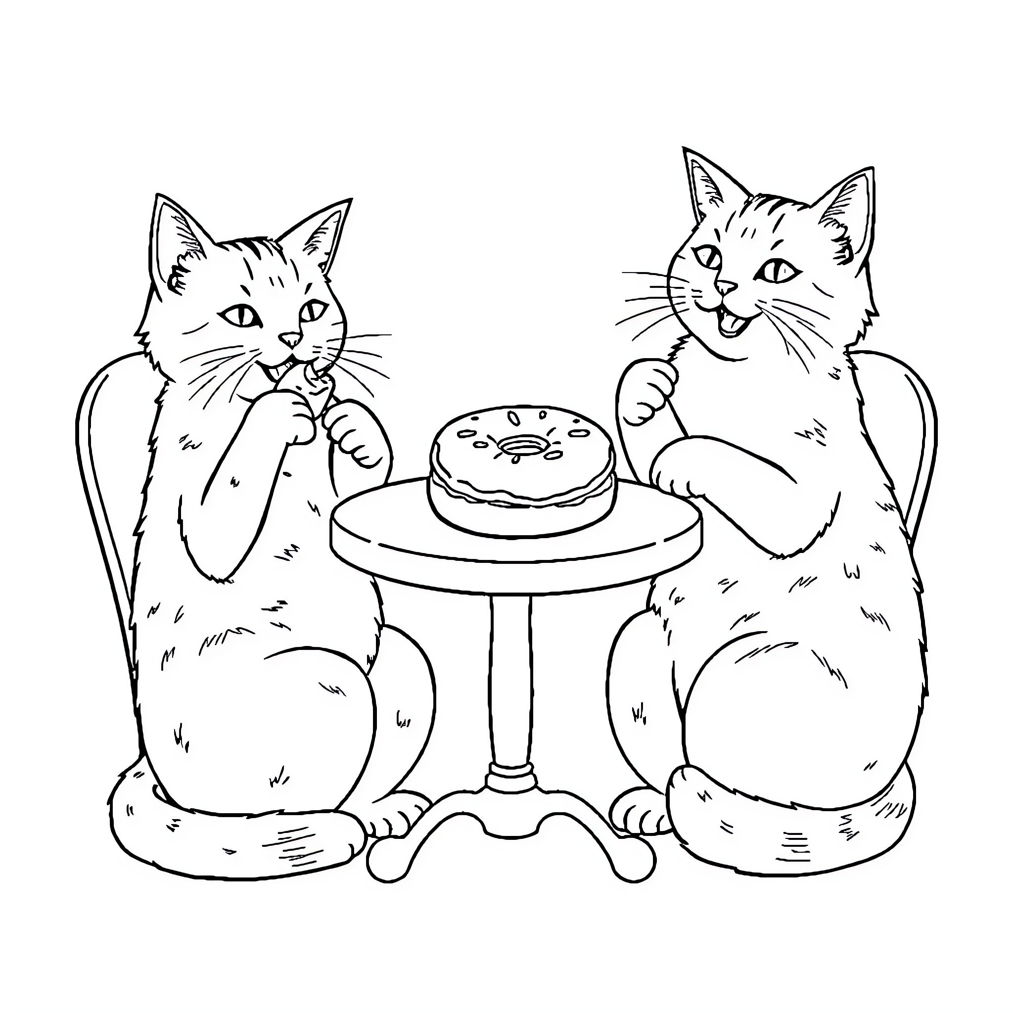 Cats Enjoying a Tasty Treat Coloring Page (free black-and-white line drawing printable PDF for all, from beginners to advanced learners, including children, teens, adults, and seniors)