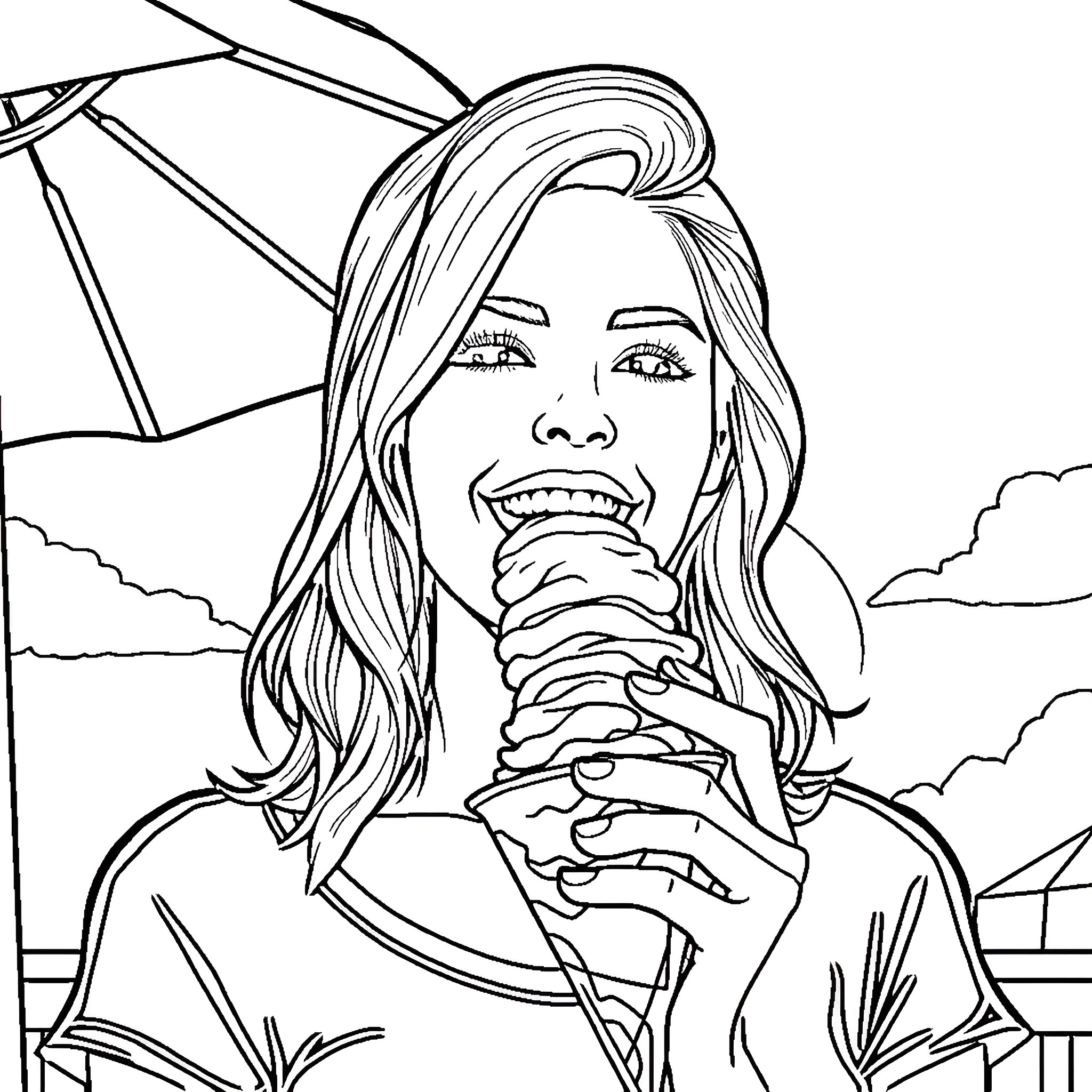 Kate Upton enjoying herself on the beach Coloring Page (free black-and-white line drawing printable PDF for all, from beginners to advanced learners, including children, teens, adults, and seniors)