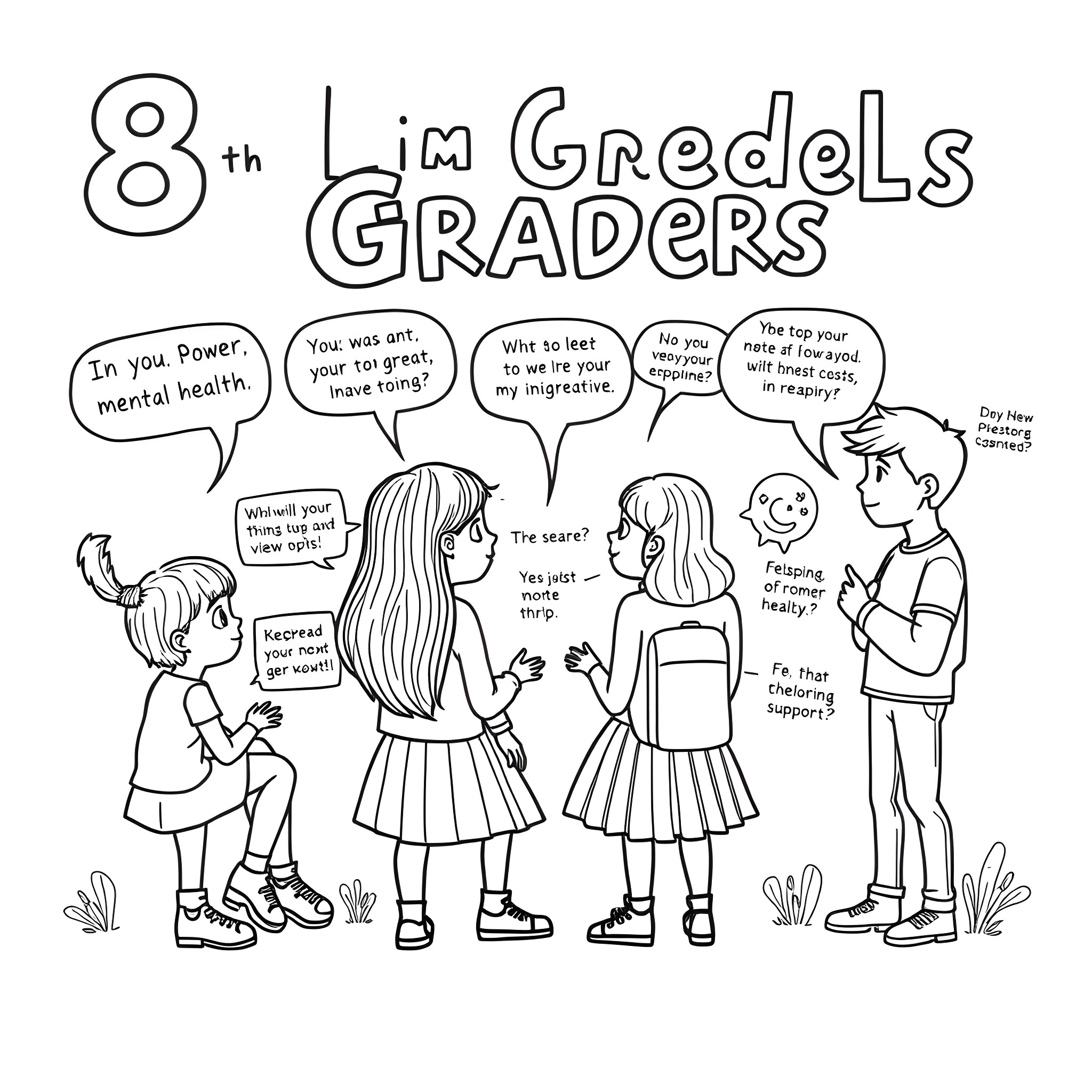 Mental Health: Engaging 8th Grade Students in Conversation Coloring Page (free black-and-white line drawing printable PDF for all, from beginners to advanced learners, including children, teens, adults, and seniors)