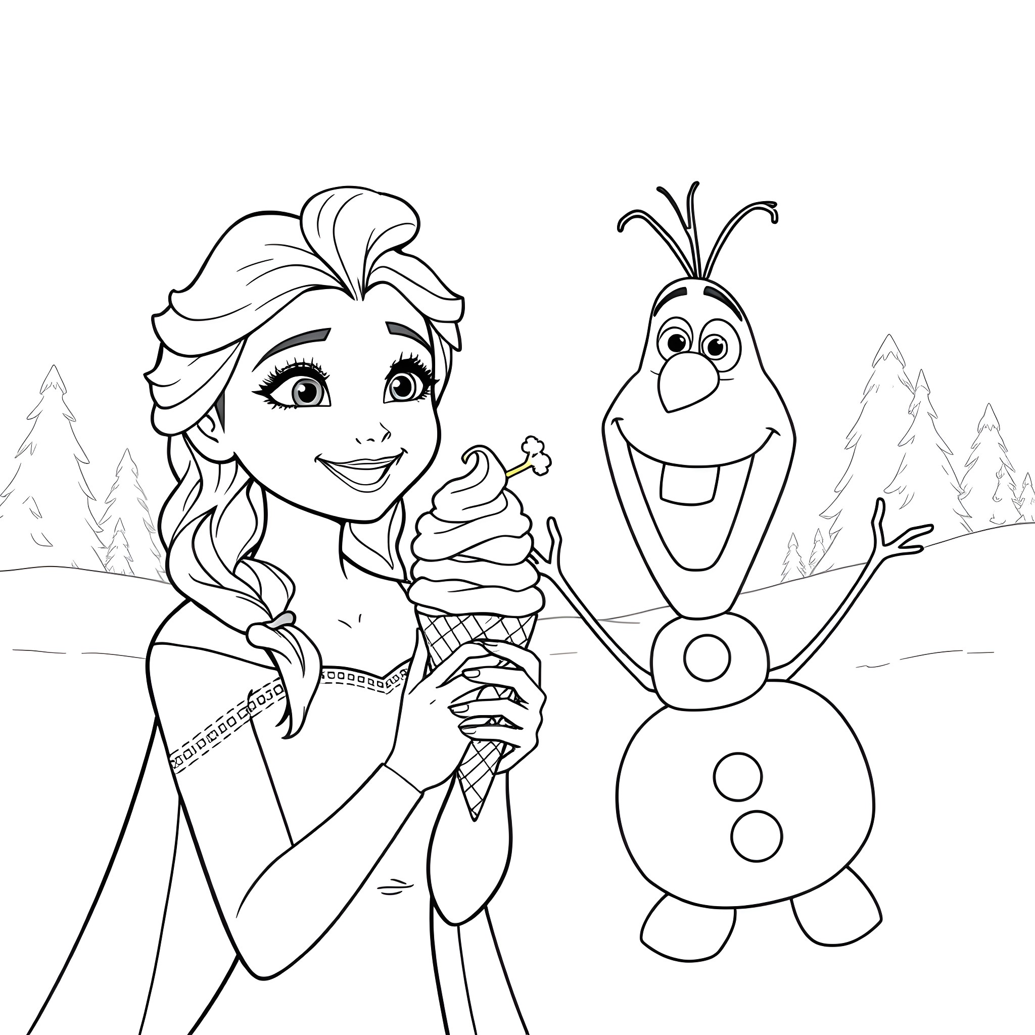 Elsa enjoying ice cream with Olaf the snowman Coloring Page (free black-and-white line drawing printable PDF for all, from beginners to advanced learners, including children, teens, adults, and seniors)