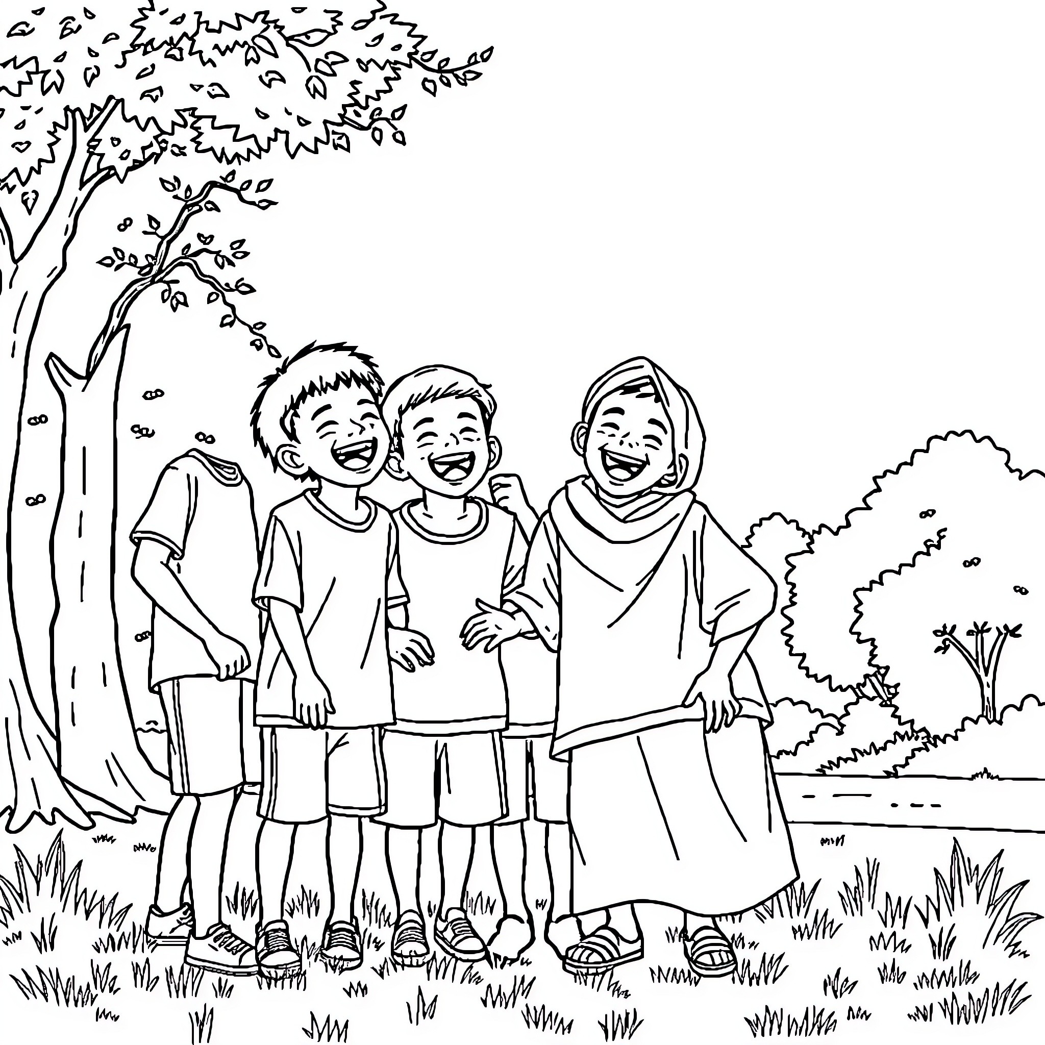 Saja Boy and Friends Enjoy Nature's Wonders Coloring Page (free black-and-white line drawing printable PDF for all, from beginners to advanced learners, including children, teens, adults, and seniors)