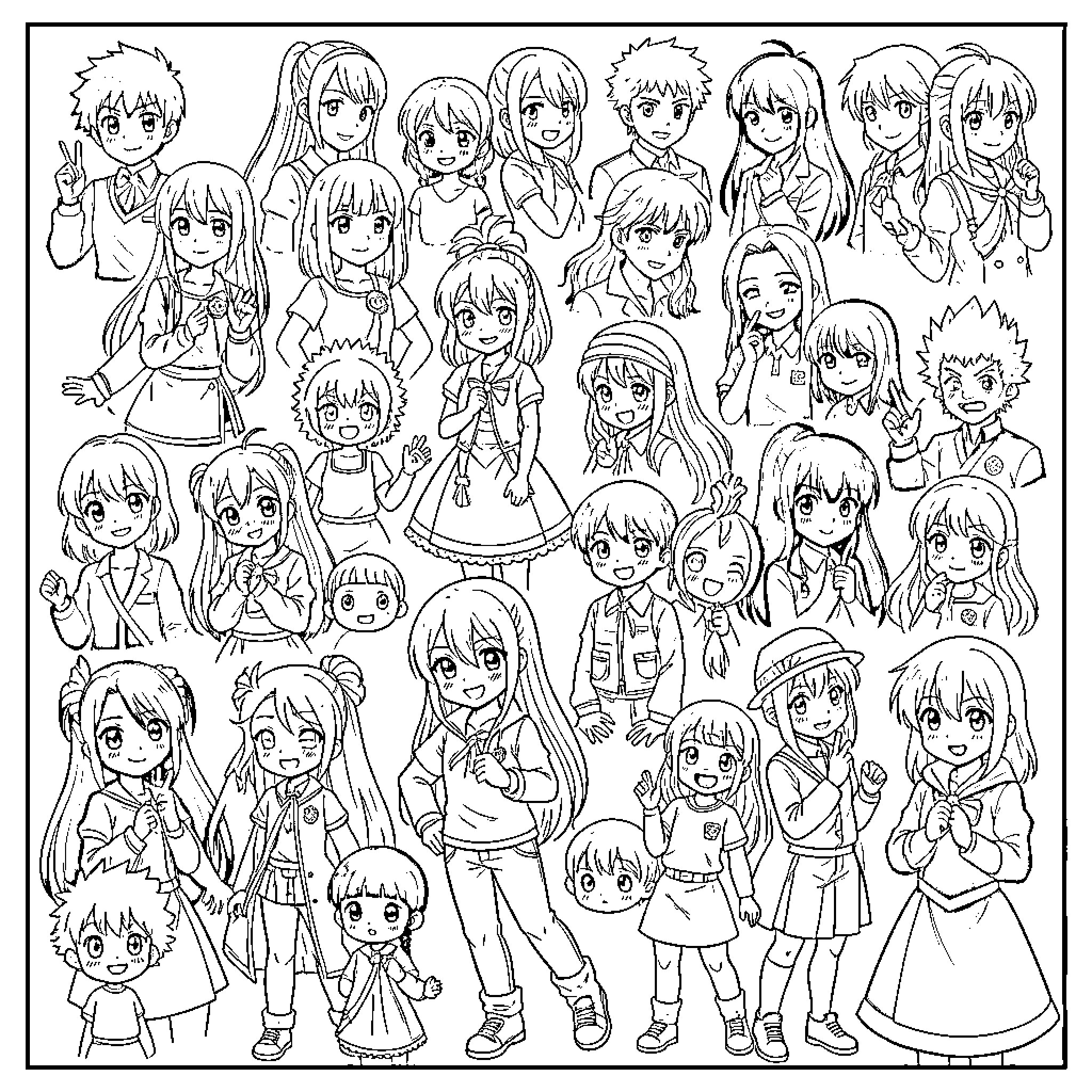 Anime Characters in Various Poses and Expressions Coloring Page (free black-and-white line drawing printable PDF for all, from beginners to advanced learners, including children, teens, adults, and seniors)