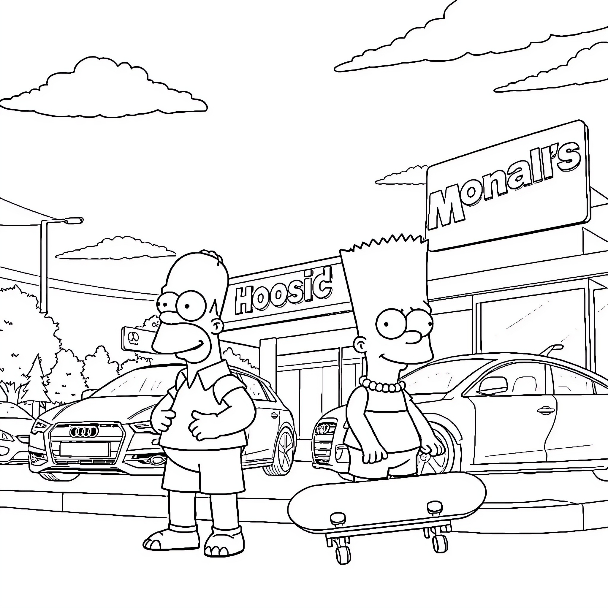 Homer Simpson and family at a Kwik-E-Mart Coloring Page (free black-and-white line drawing printable PDF for all, from beginners to advanced learners, including children, teens, adults, and seniors)