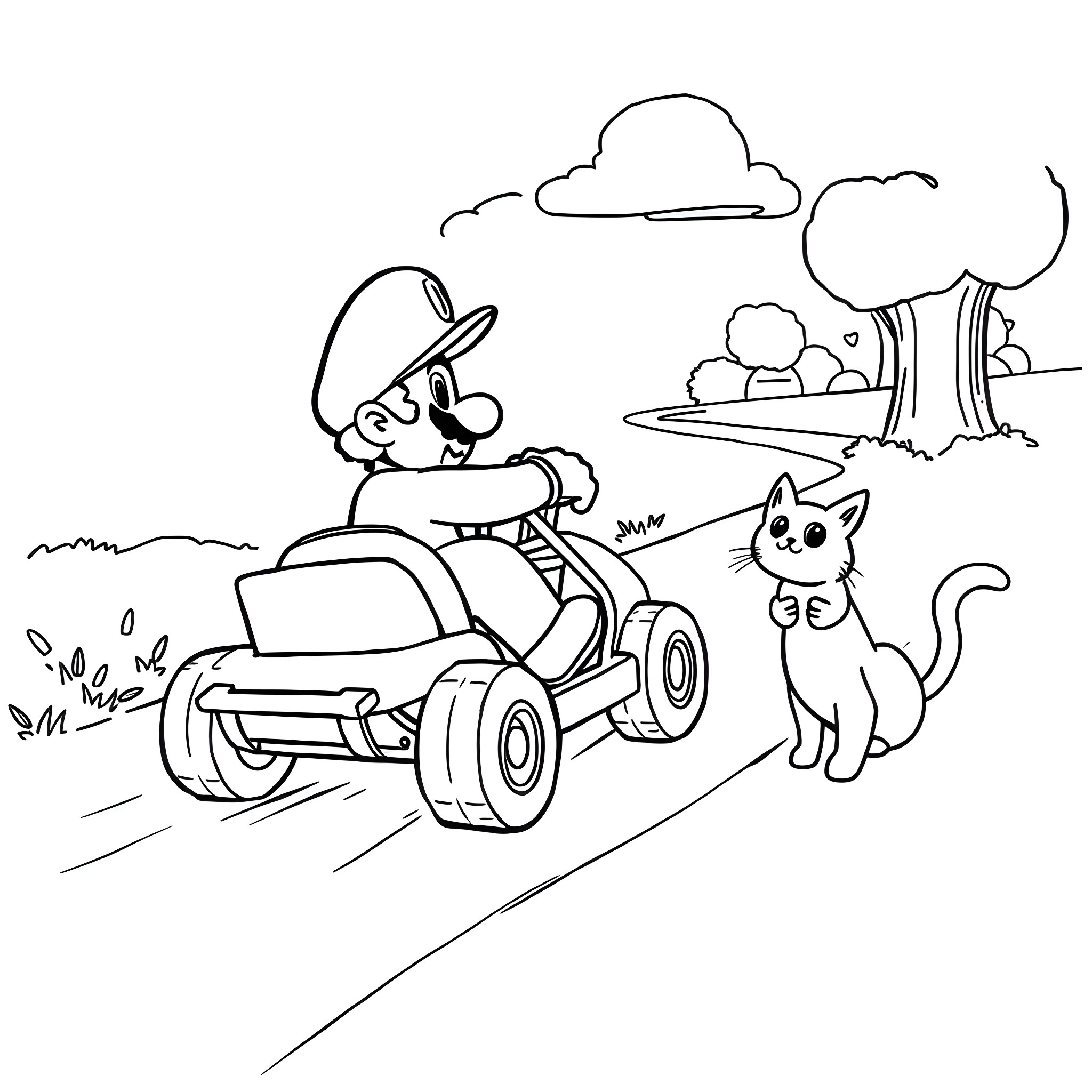 Mario driving a kart and playing with a cat in the park Coloring Page (free black-and-white line drawing printable PDF for all, from beginners to advanced learners, including children, teens, adults, and seniors)