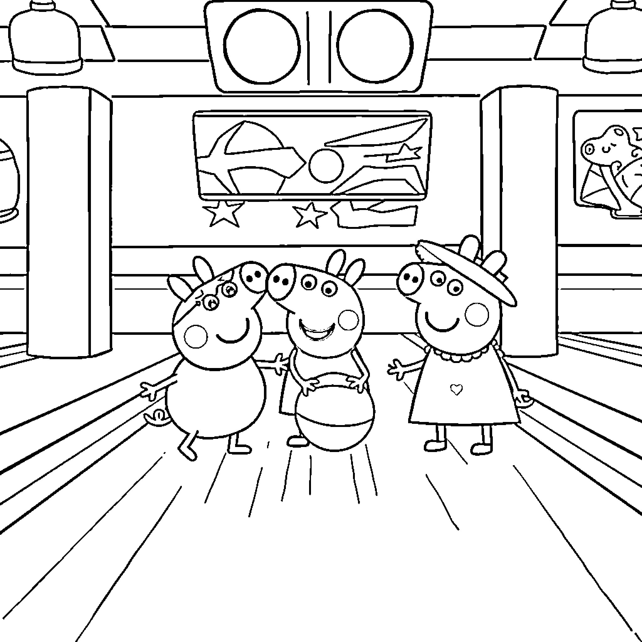Pigs enjoying a fun day at the bowling alley Coloring Page (free black-and-white line drawing printable PDF for all, from beginners to advanced learners, including children, teens, adults, and seniors)