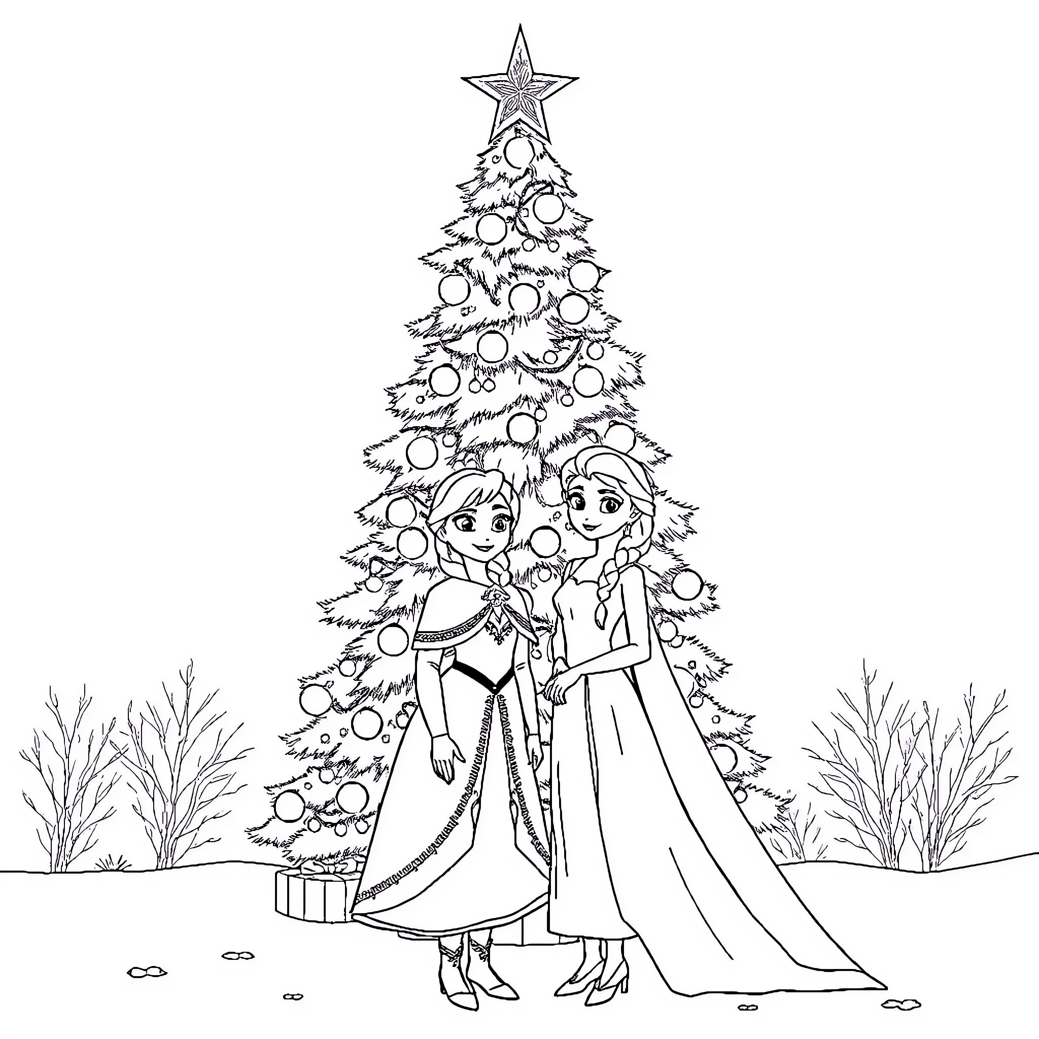 Anna and Elsa decorate Christmas tree together Coloring Page (free black-and-white line drawing printable PDF for all, from beginners to advanced learners, including children, teens, adults, and seniors)