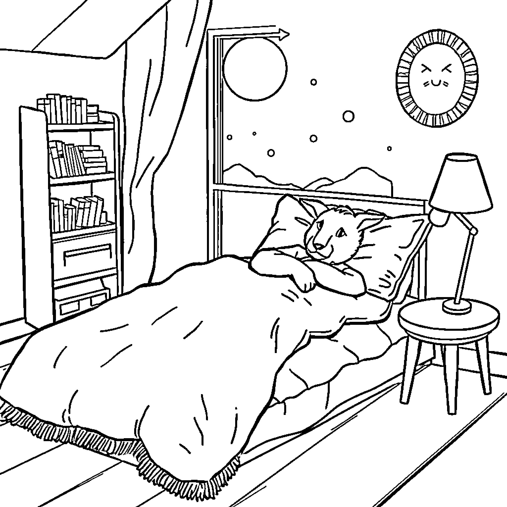 Shetland cat napping comfortably at home Coloring Page (free black-and-white line drawing printable PDF for all, from beginners to advanced learners, including children, teens, adults, and seniors)