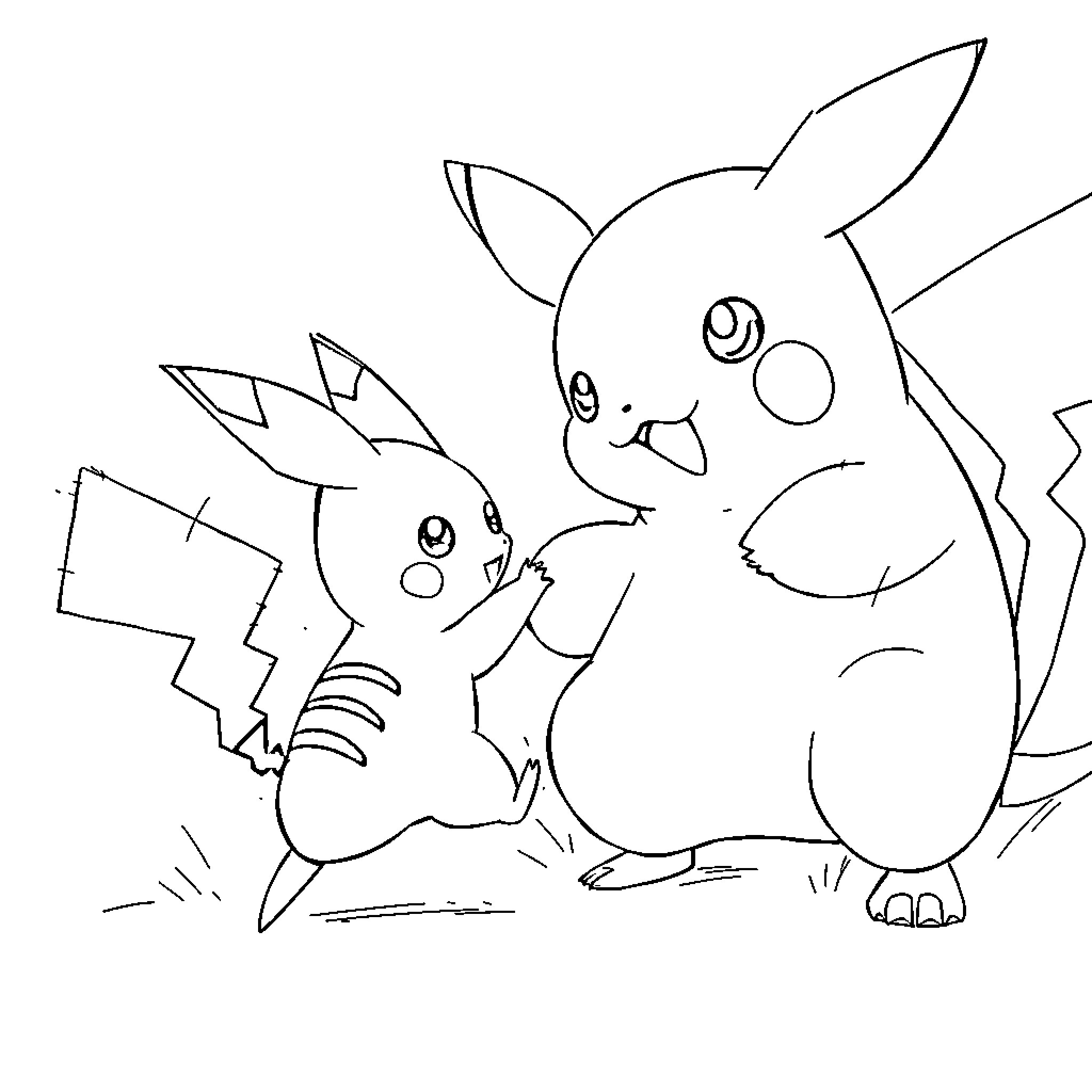 Pichu characters interacting playfully Coloring Page (free black-and-white line drawing printable PDF for all, from beginners to advanced learners, including children, teens, adults, and seniors)