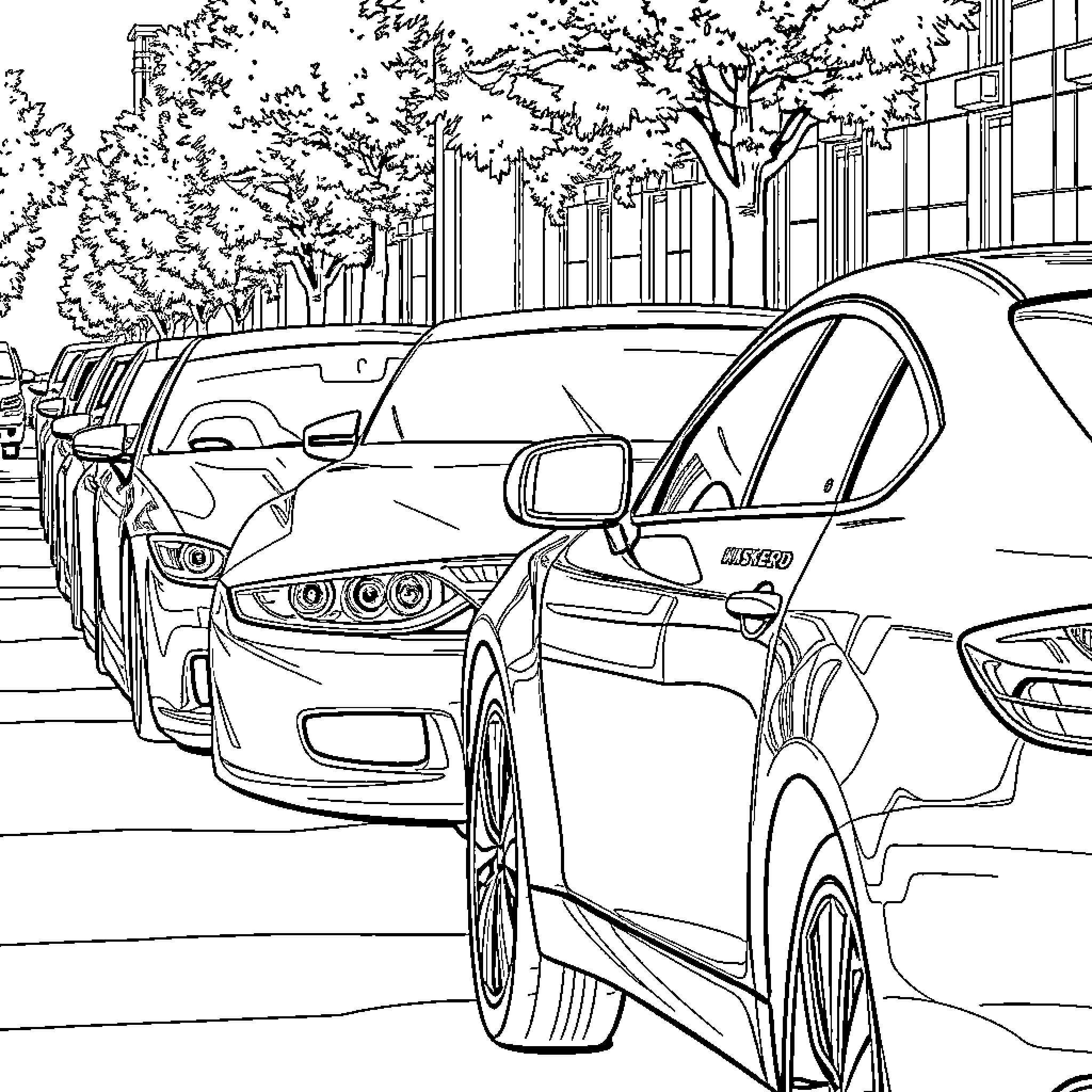 Car parked on the city street Coloring Page (free black-and-white line drawing printable PDF for all, from beginners to advanced learners, including children, teens, adults, and seniors)