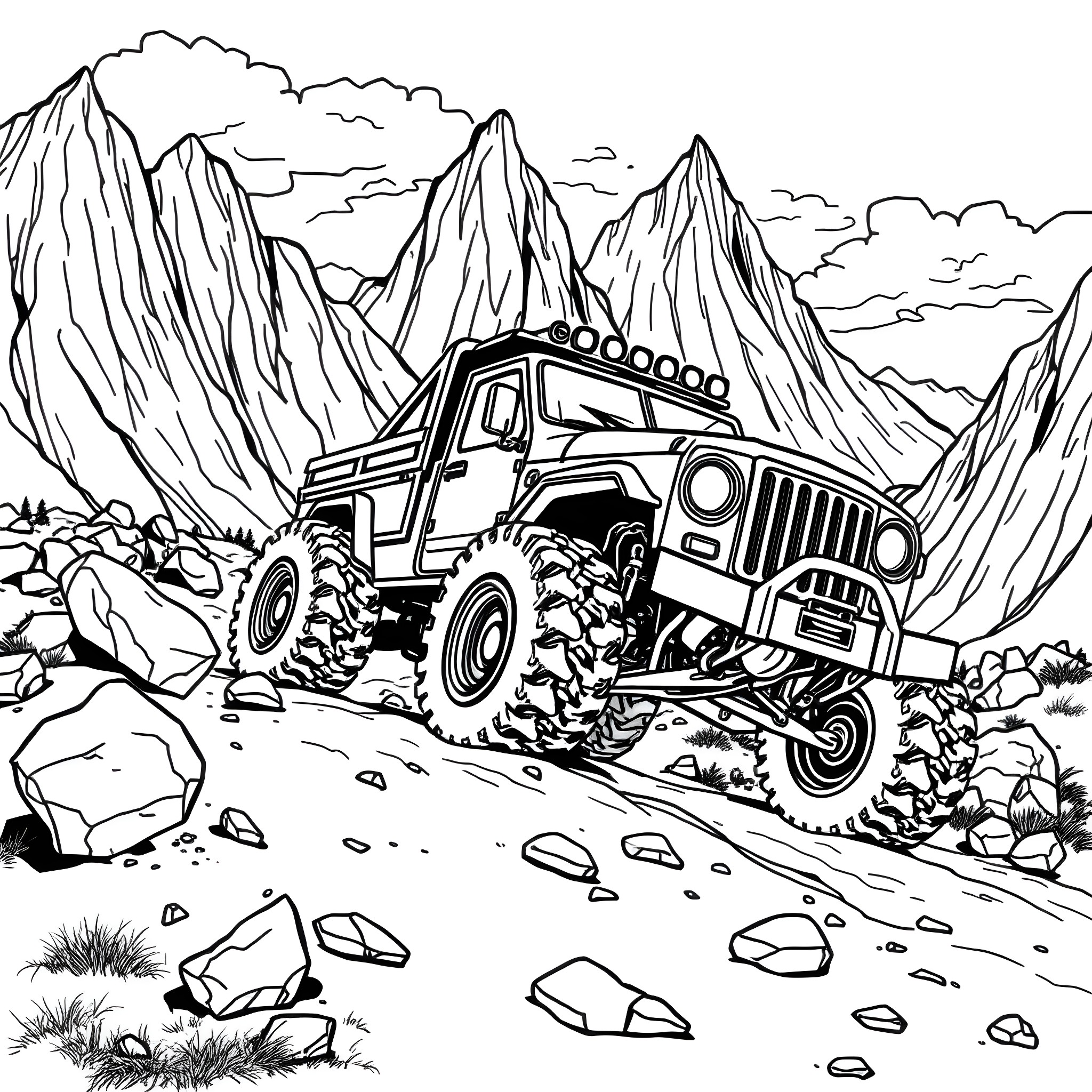 Bluey's Off-Road Adventure in the Mountains Coloring Page (free black-and-white line drawing printable PDF for all, from beginners to advanced learners, including children, teens, adults, and seniors)