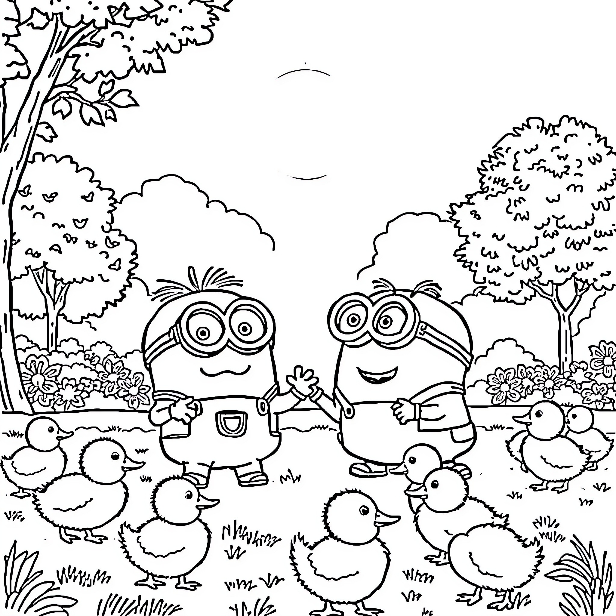 Minions enjoying nature with ducklings Coloring Page (free black-and-white line drawing printable PDF for all, from beginners to advanced learners, including children, teens, adults, and seniors)