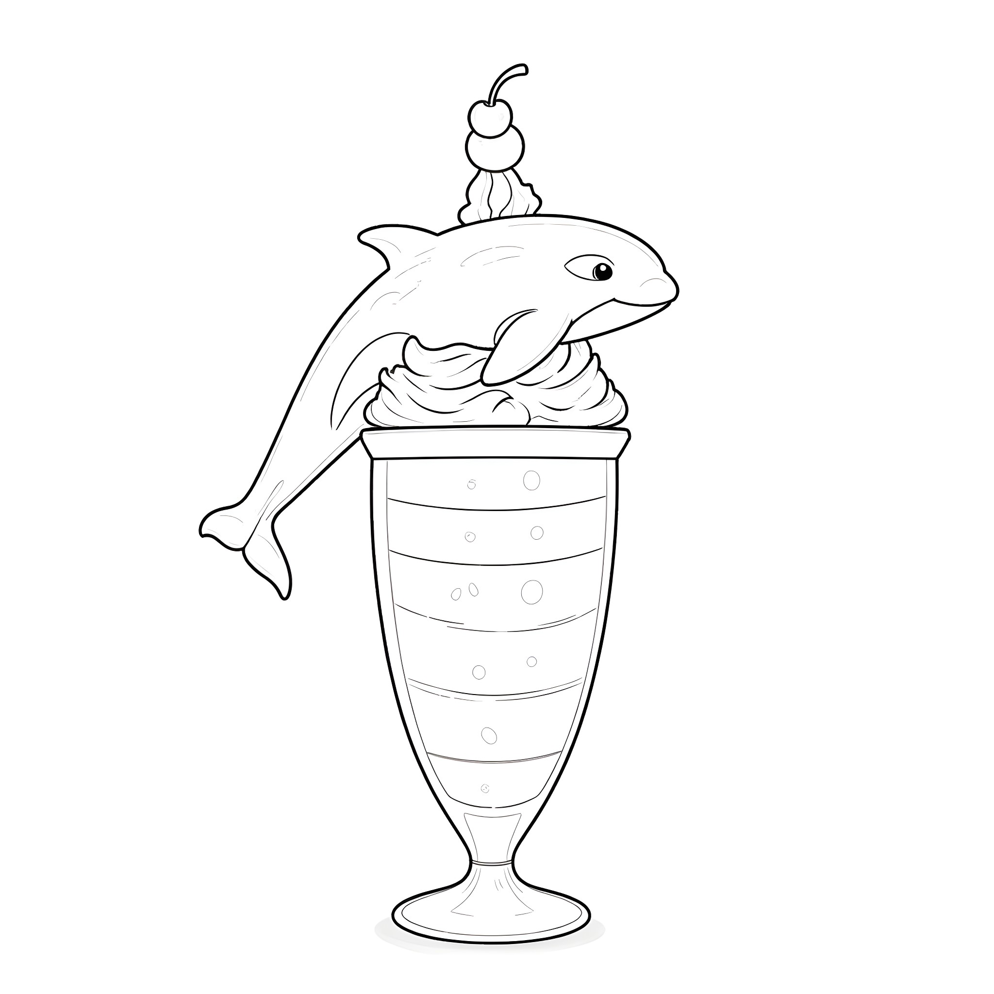 Orca enjoying a cool treat in a sundae cup Coloring Page (free black-and-white line drawing printable PDF for all, from beginners to advanced learners, including children, teens, adults, and seniors)