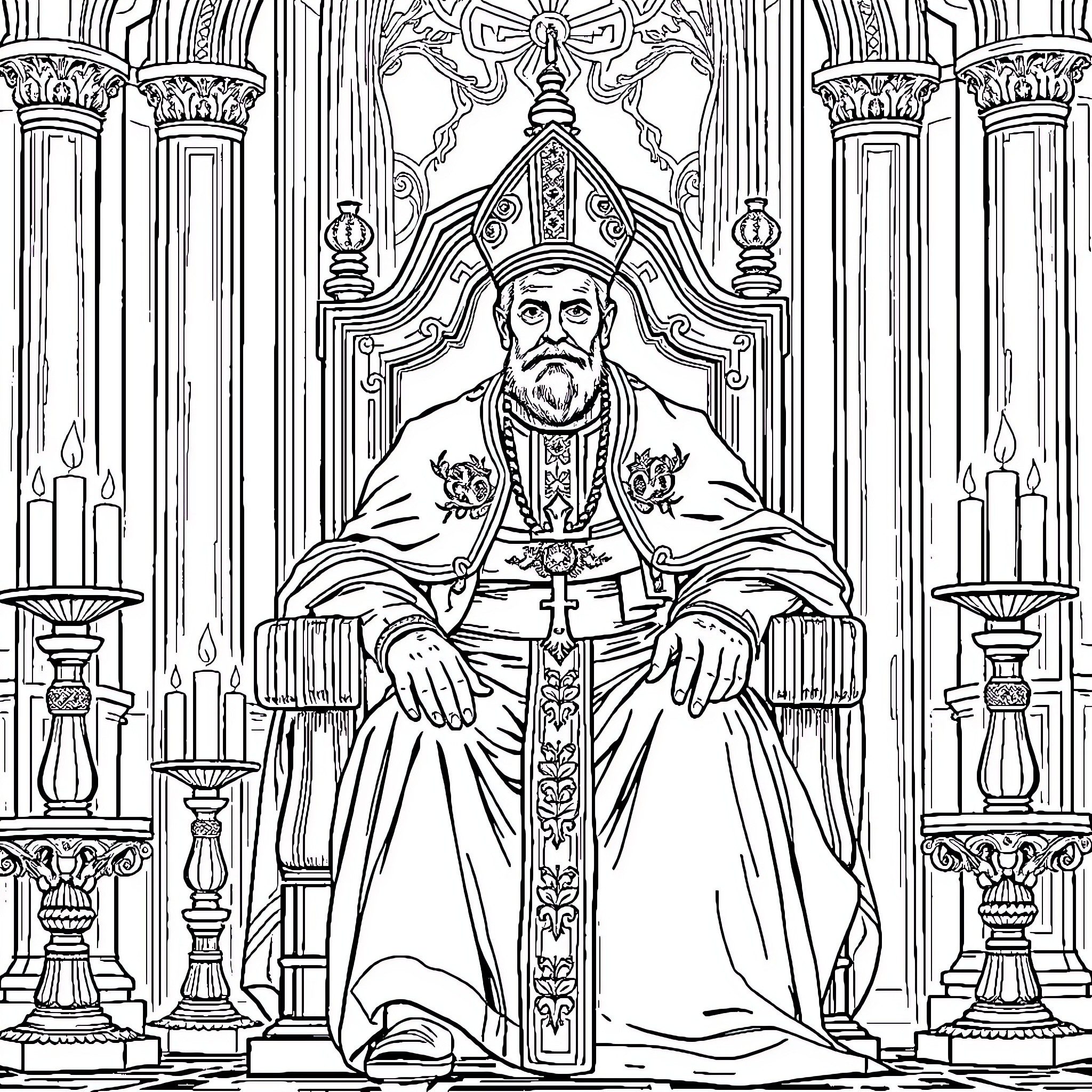 Pope Leo on Ornate Throne Amid Candelabras Coloring Page (free black-and-white line drawing printable PDF for all, from beginners to advanced learners, including children, teens, adults, and seniors)