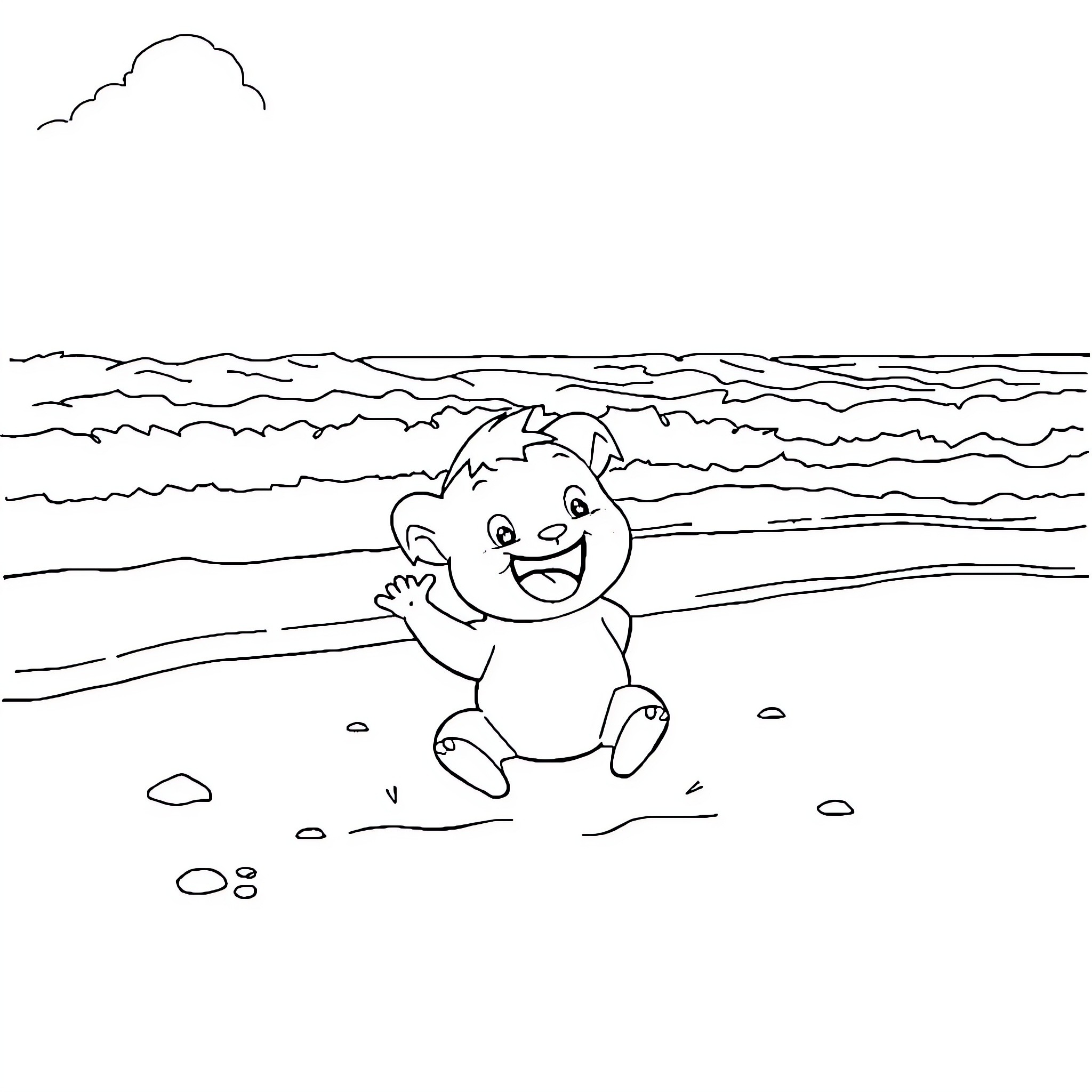 Playful character frolicking on the beach Coloring Page (free black-and-white line drawing printable PDF for all, from beginners to advanced learners, including children, teens, adults, and seniors)