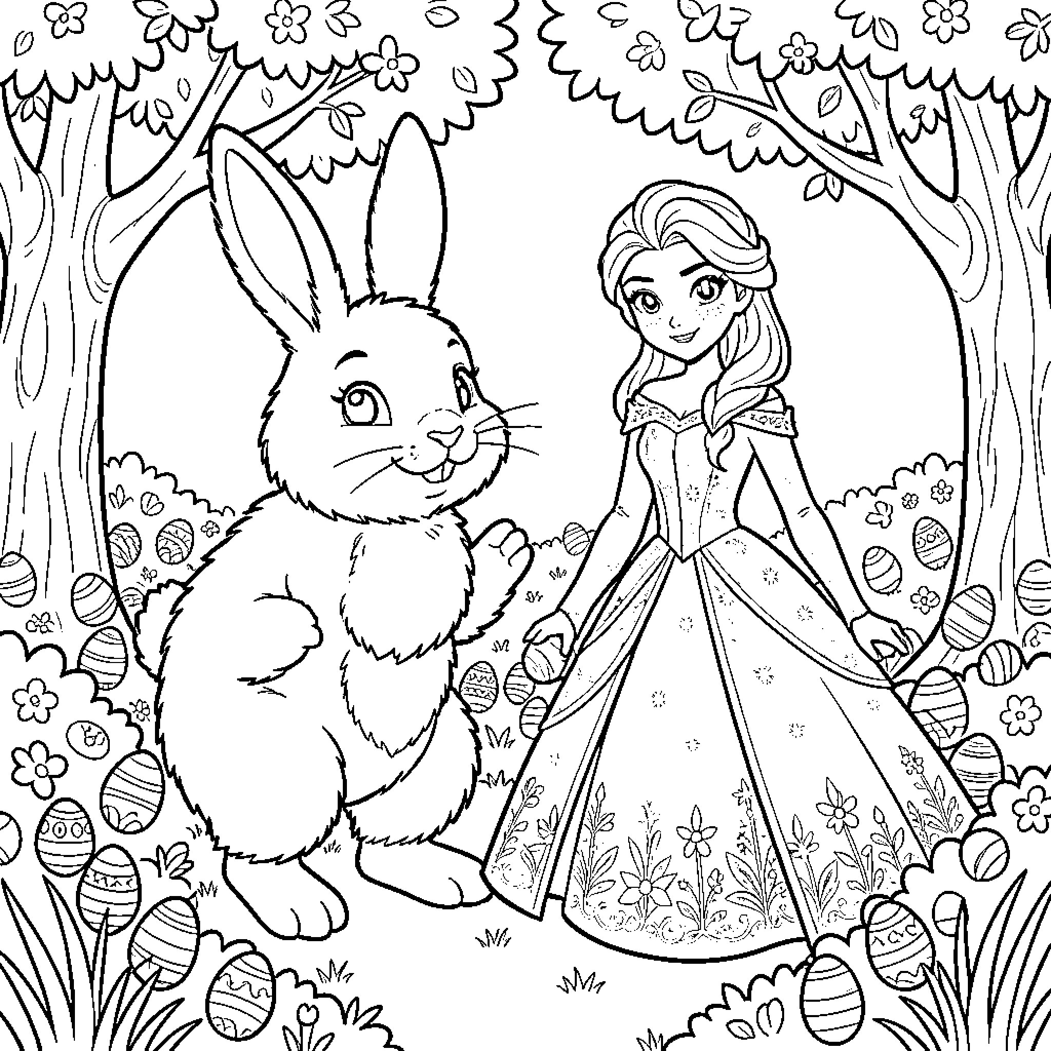 Easter Bunny meets enchanted princess in forest Coloring Page (free black-and-white line drawing printable PDF for all, from beginners to advanced learners, including children, teens, adults, and seniors)