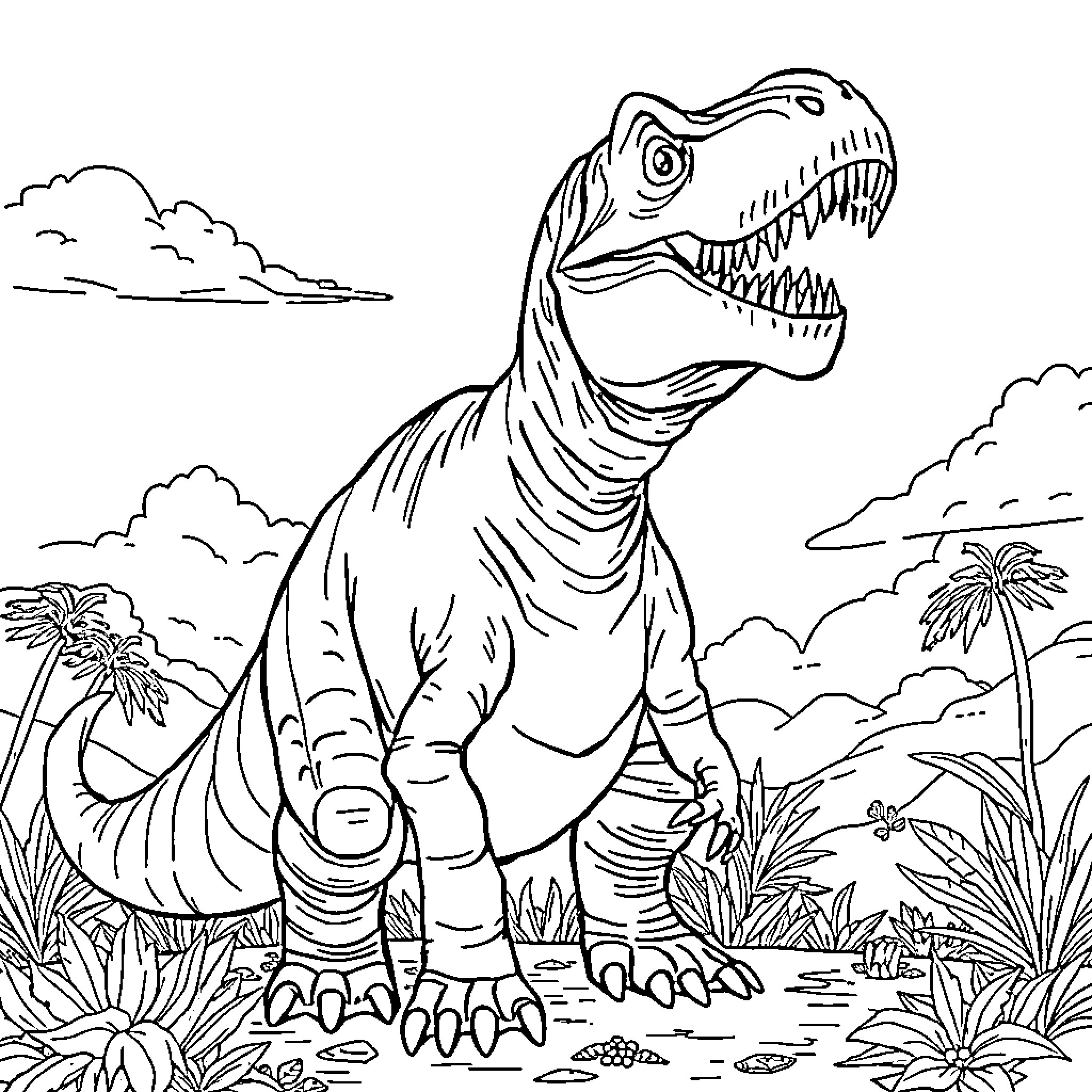 Dino stomping through the prehistoric landscape Coloring Page (free black-and-white line drawing printable PDF for all, from beginners to advanced learners, including children, teens, adults, and seniors)