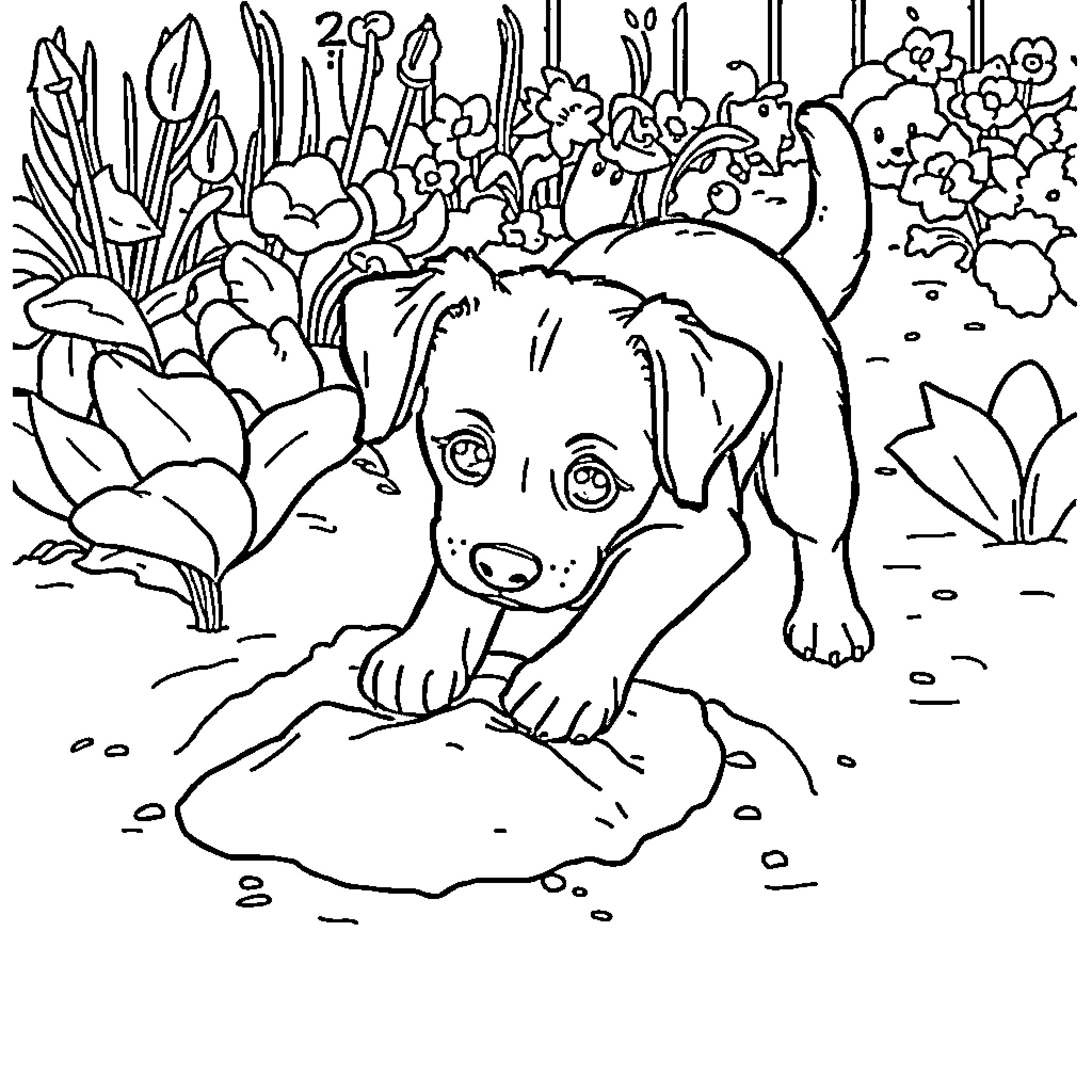 Dog exploring the outdoors in a natural setting Coloring Page (free black-and-white line drawing printable PDF for all, from beginners to advanced learners, including children, teens, adults, and seniors)