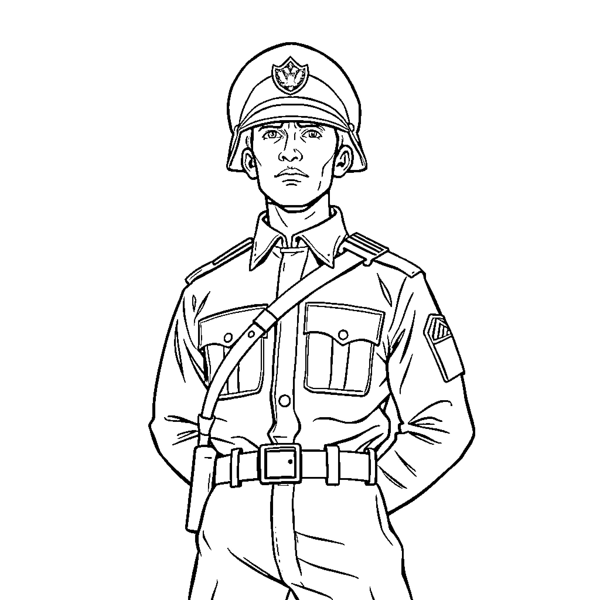 Soldier standing in uniform with stern expression Coloring Page (free black-and-white line drawing printable PDF for all, from beginners to advanced learners, including children, teens, adults, and seniors)