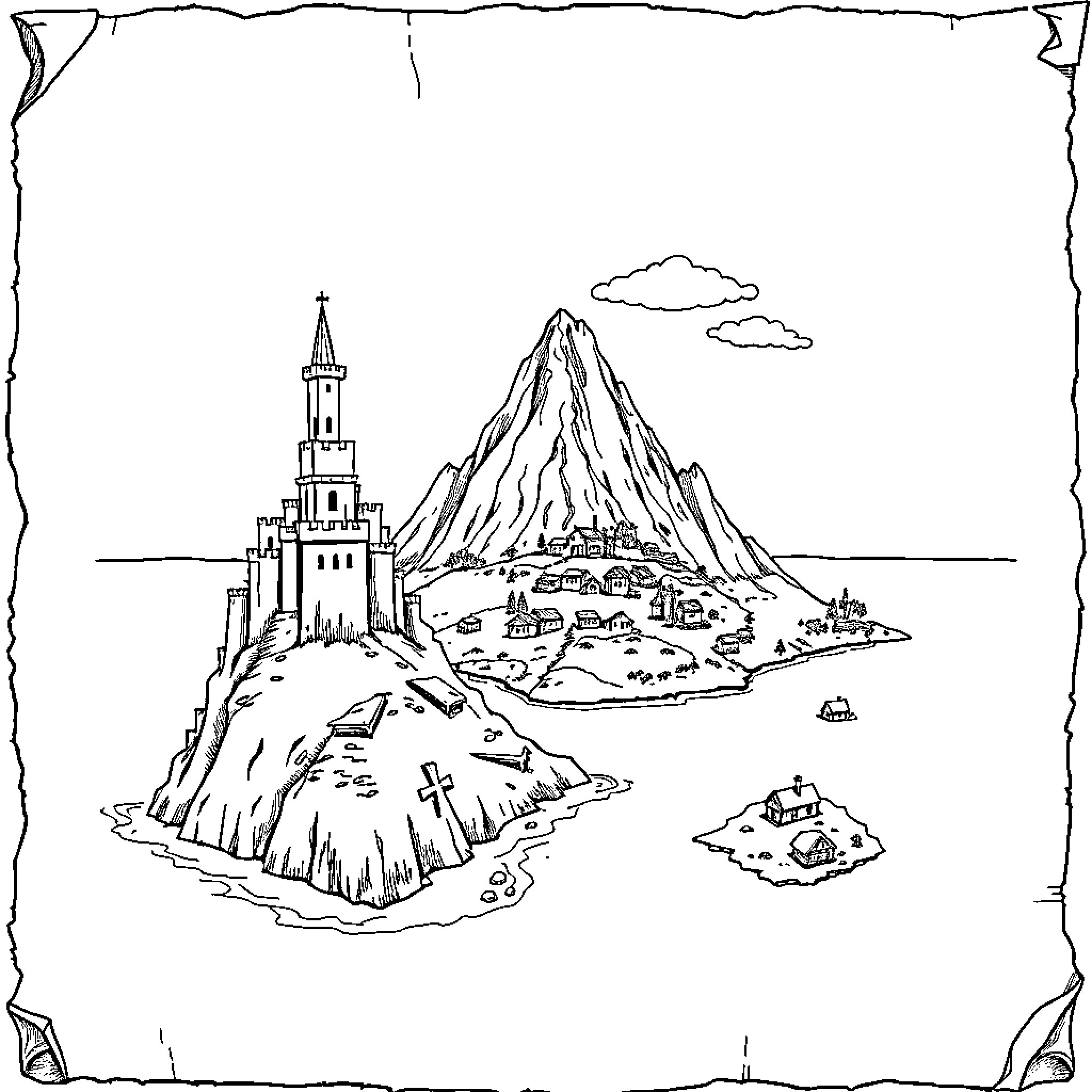 Map of a Mountainous Landscape with a Castle Coloring Page (free black-and-white line drawing printable PDF for all, from beginners to advanced learners, including children, teens, adults, and seniors)
