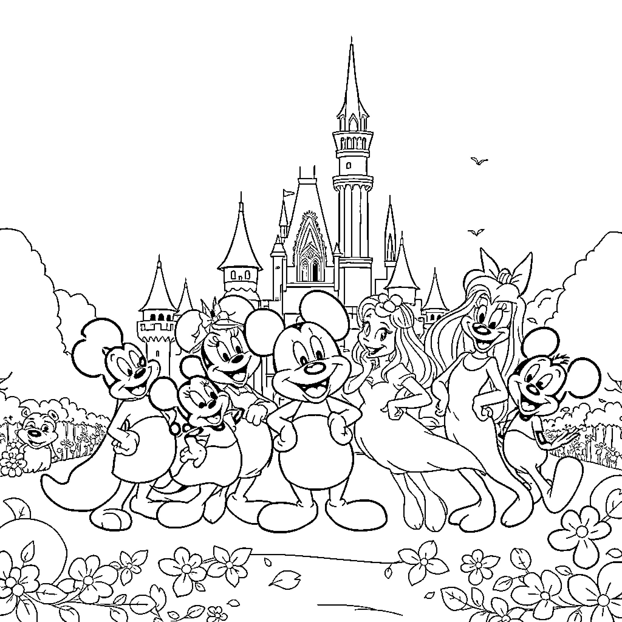 Disney Mascots Celebrating in Front of Enchanted Castle Coloring Page (free black-and-white line drawing printable PDF for all, from beginners to advanced learners, including children, teens, adults, and seniors)