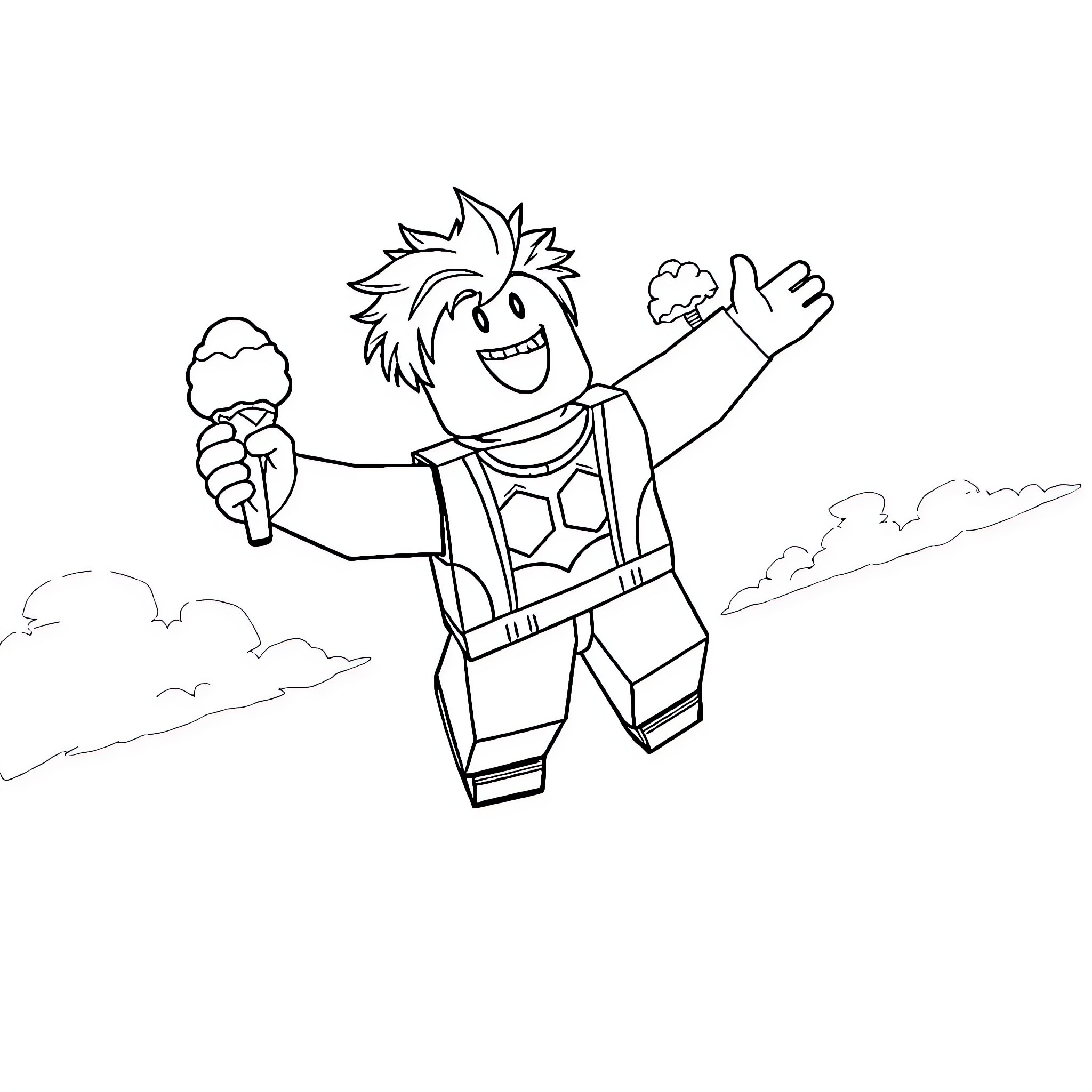 Roblox character enjoying an ice cream cone Coloring Page (free black-and-white line drawing printable PDF for all, from beginners to advanced learners, including children, teens, adults, and seniors)