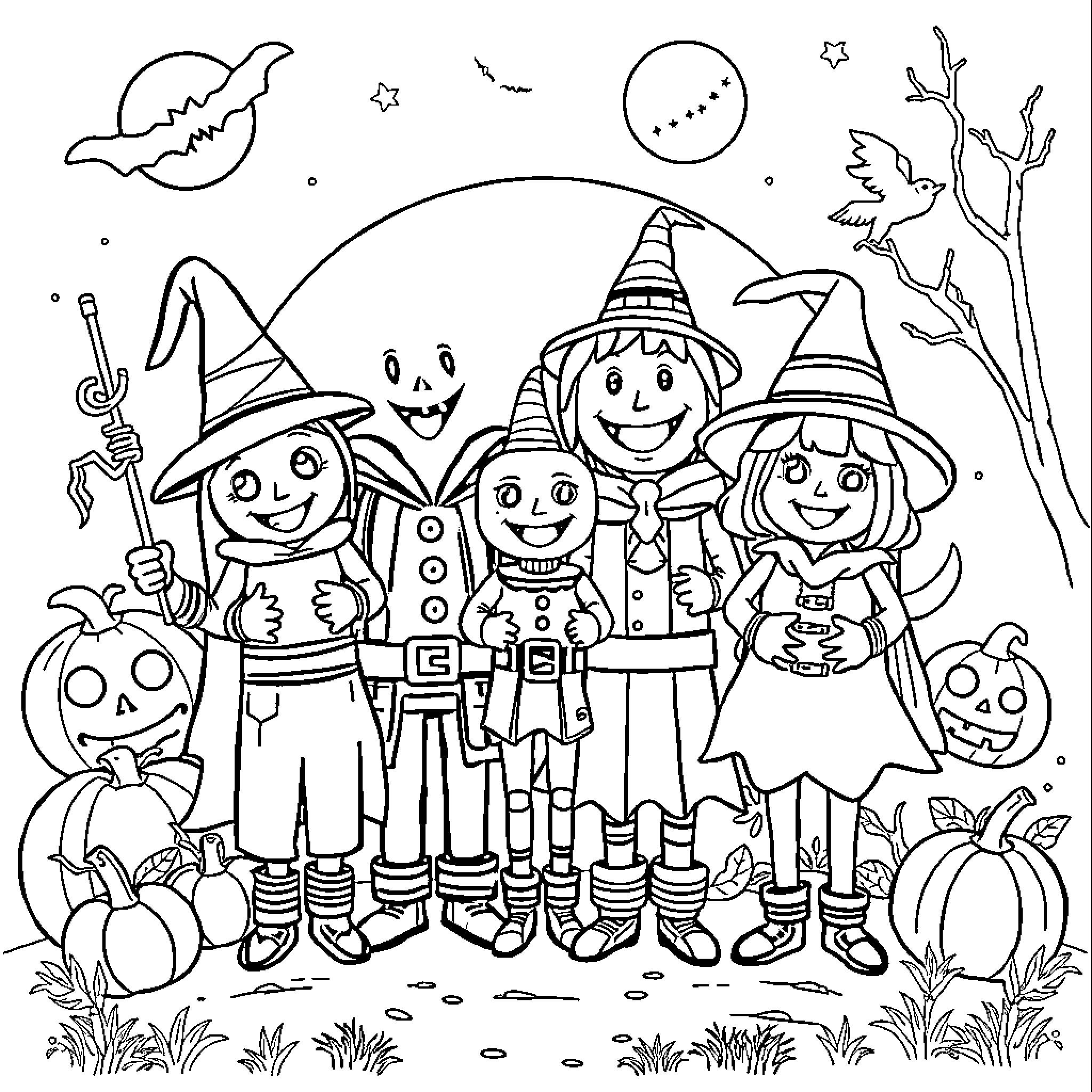 Crayon Characters Celebrating Halloween in the Forest Coloring Page (free black-and-white line drawing printable PDF for all, from beginners to advanced learners, including children, teens, adults, and seniors)