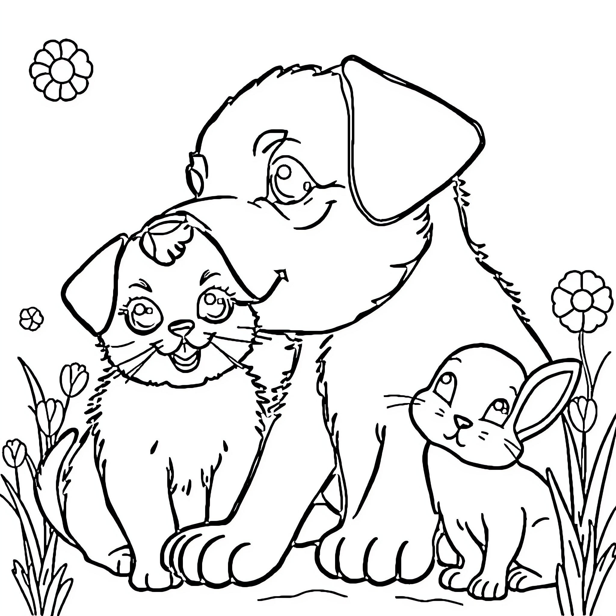 Animal friends playing in the garden Coloring Page (free black-and-white line drawing printable PDF for all, from beginners to advanced learners, including children, teens, adults, and seniors)