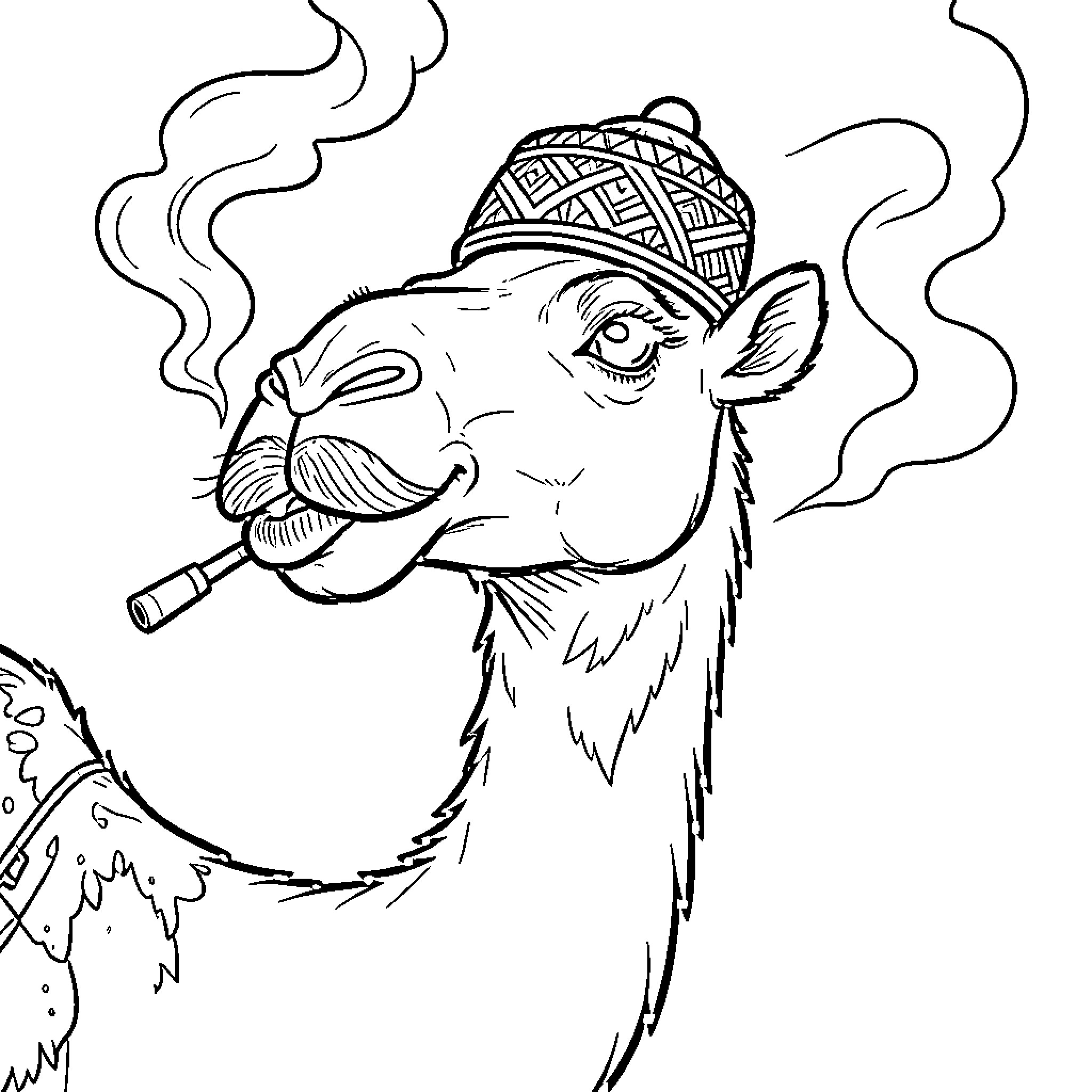 Chameau wearing a hat and smoking a pipe Coloring Page (free black-and-white line drawing printable PDF for all, from beginners to advanced learners, including children, teens, adults, and seniors)