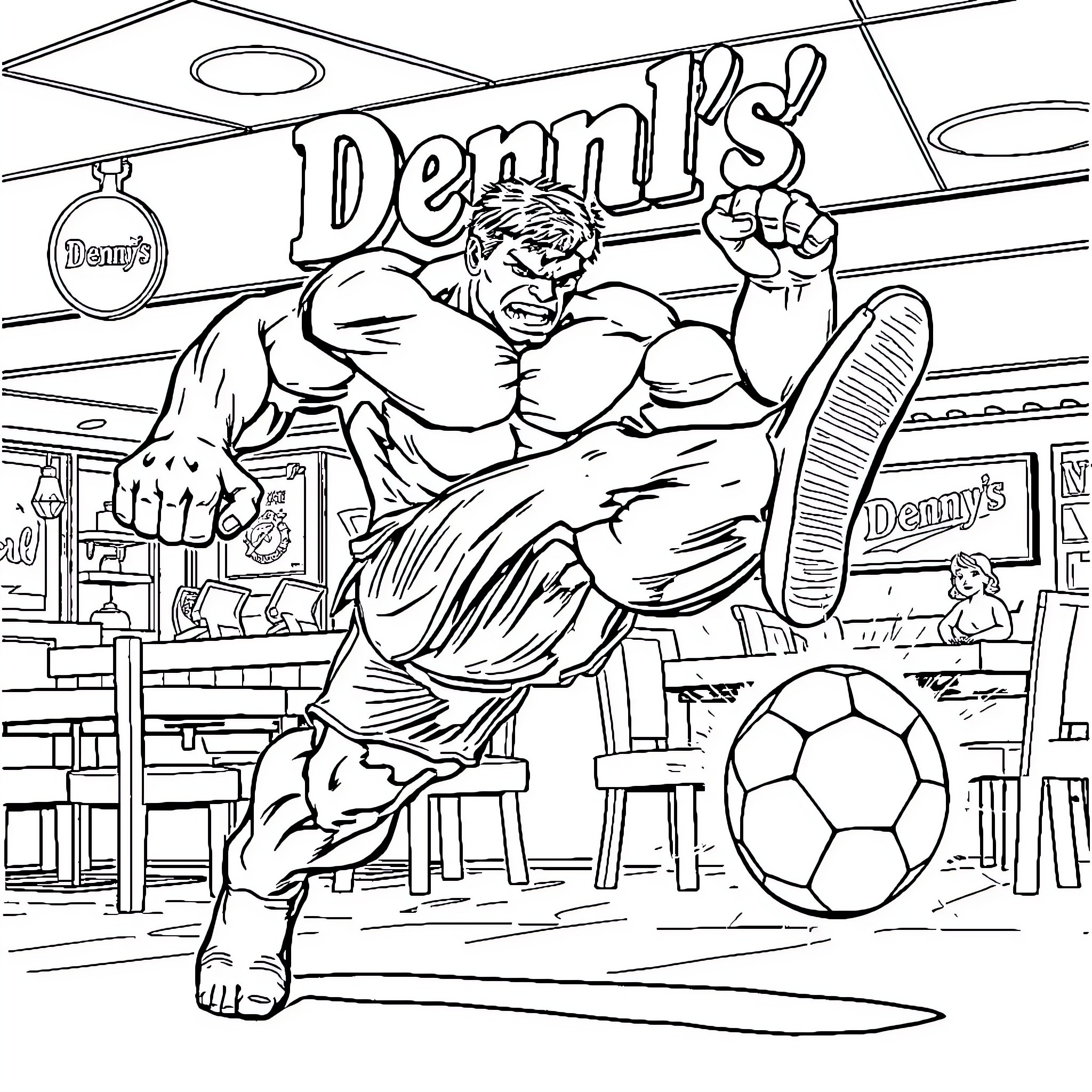 Hulk flexing muscles and smashing in a diner scene Coloring Page (free black-and-white line drawing printable PDF for all, from beginners to advanced learners, including children, teens, adults, and seniors)