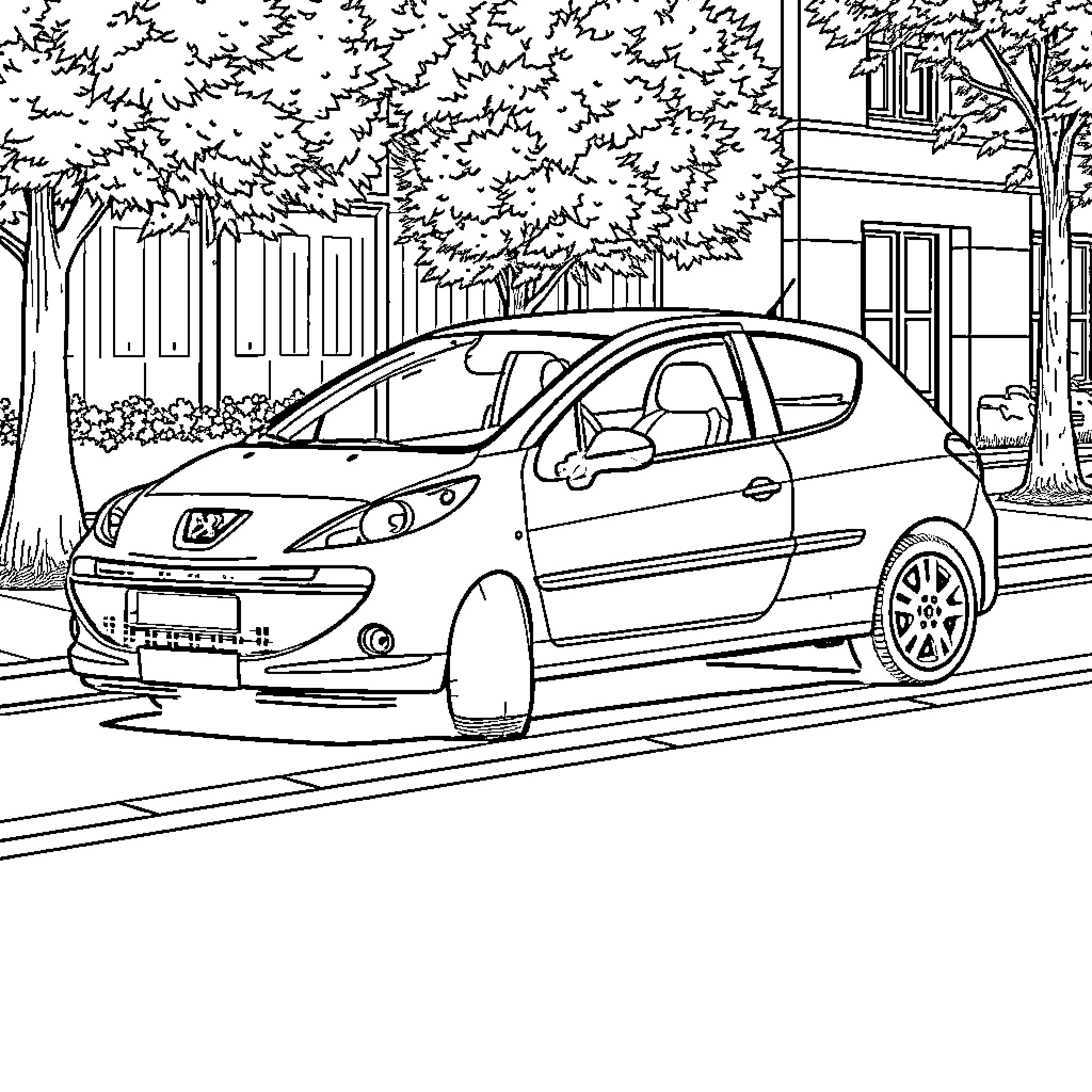 Peugeot car parked on the street Coloring Page (free black-and-white line drawing printable PDF for all, from beginners to advanced learners, including children, teens, adults, and seniors)