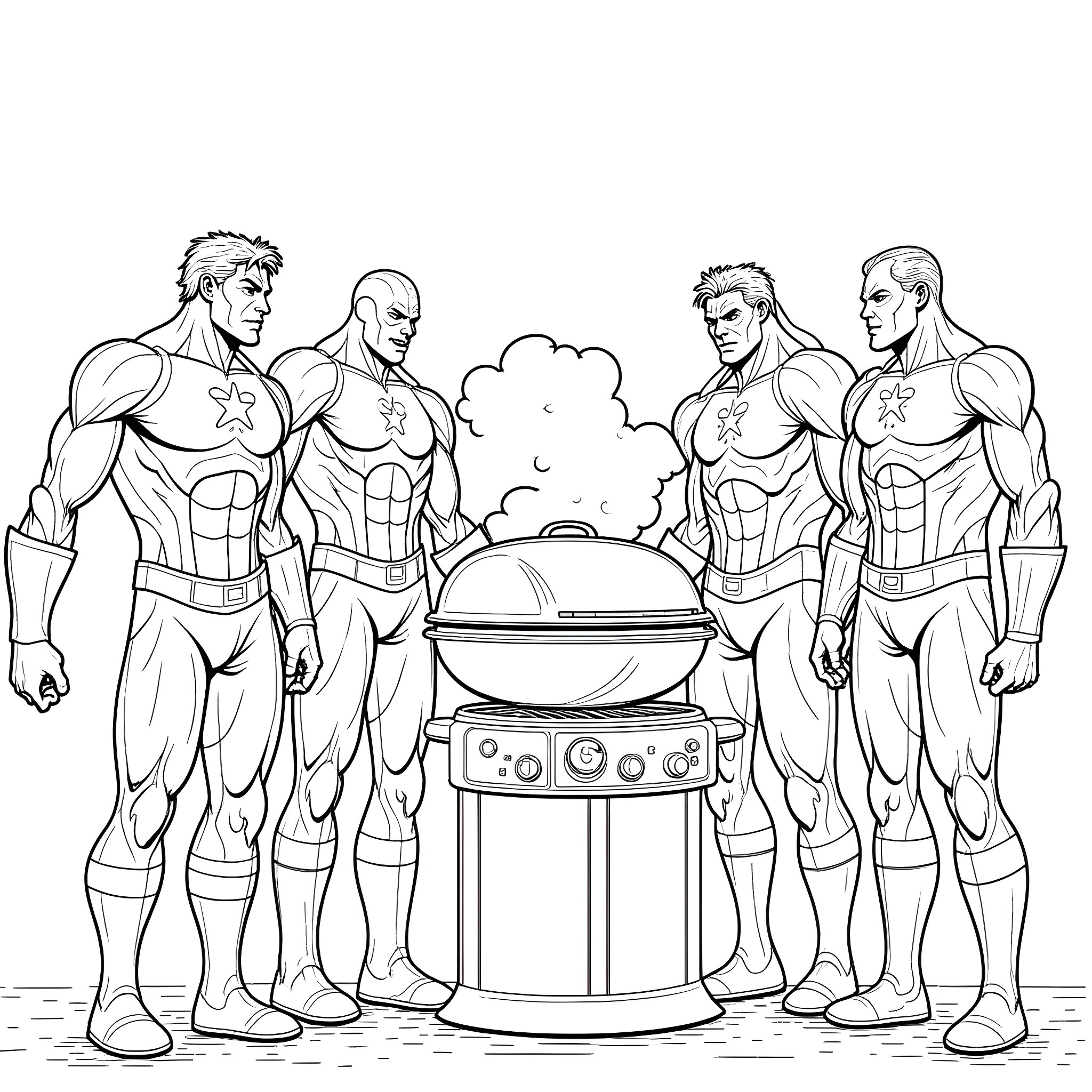Marvel Superheroes Grilling Together Coloring Page (free black-and-white line drawing printable PDF for all, from beginners to advanced learners, including children, teens, adults, and seniors)