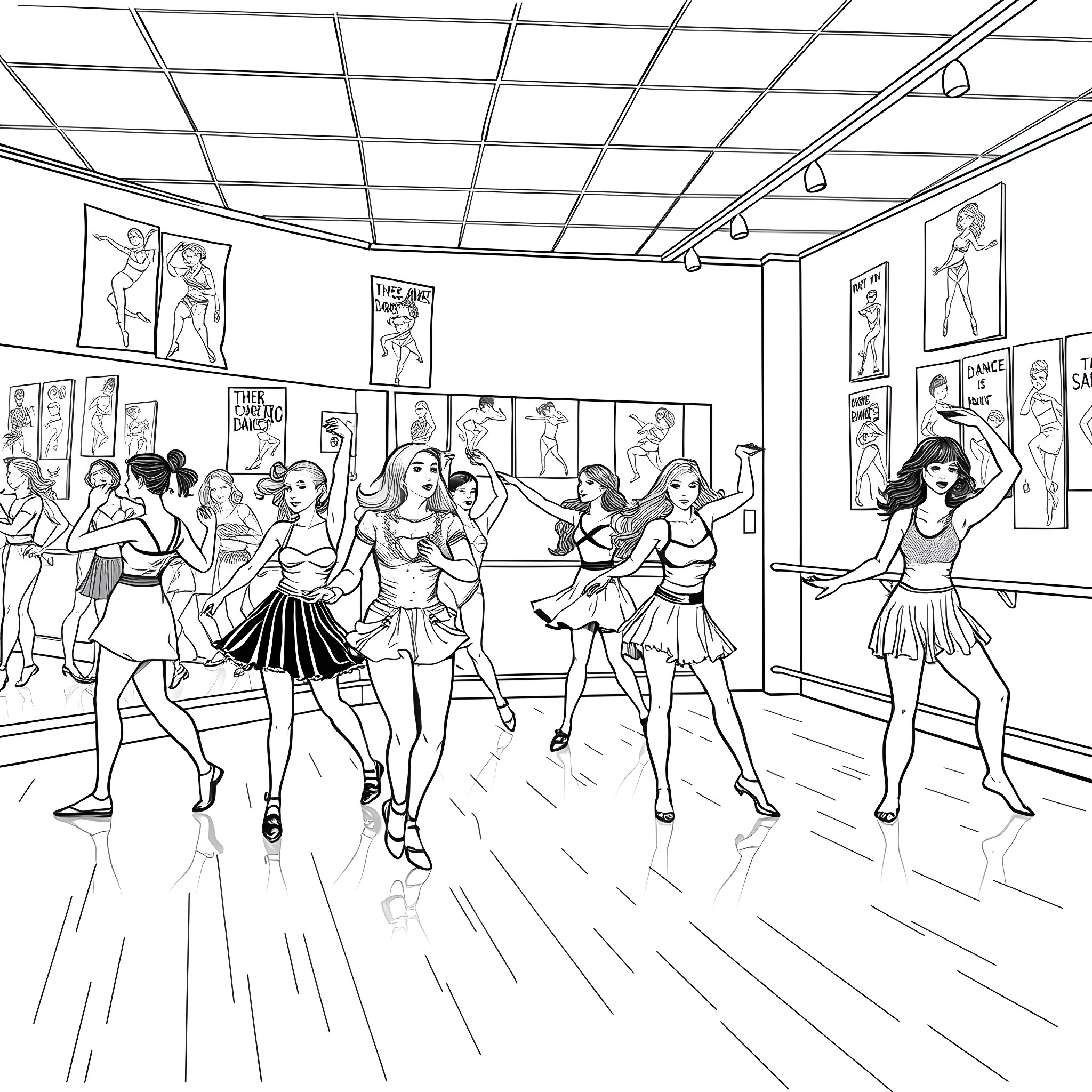 Pineapple dancers performing on stage Coloring Page (free black-and-white line drawing printable PDF for all, from beginners to advanced learners, including children, teens, adults, and seniors)