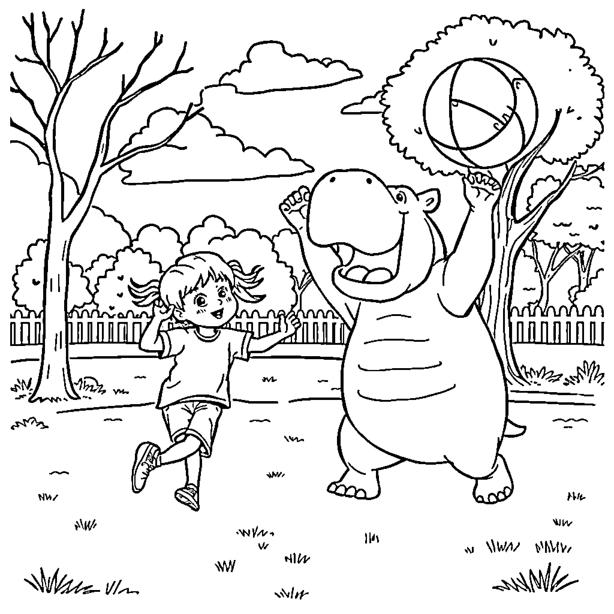 Rumi plays joyfully with a friendly elephant in the park Coloring Page (free black-and-white line drawing printable PDF for all, from beginners to advanced learners, including children, teens, adults, and seniors)