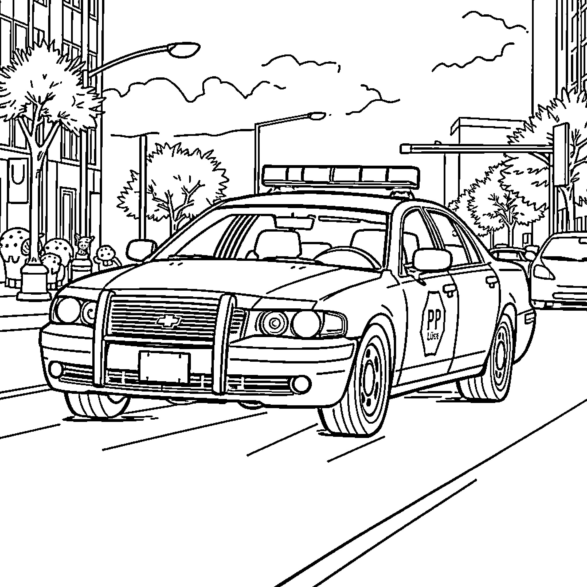 Police Car responding to emergency in the city Coloring Page (free black-and-white line drawing printable PDF for all, from beginners to advanced learners, including children, teens, adults, and seniors)