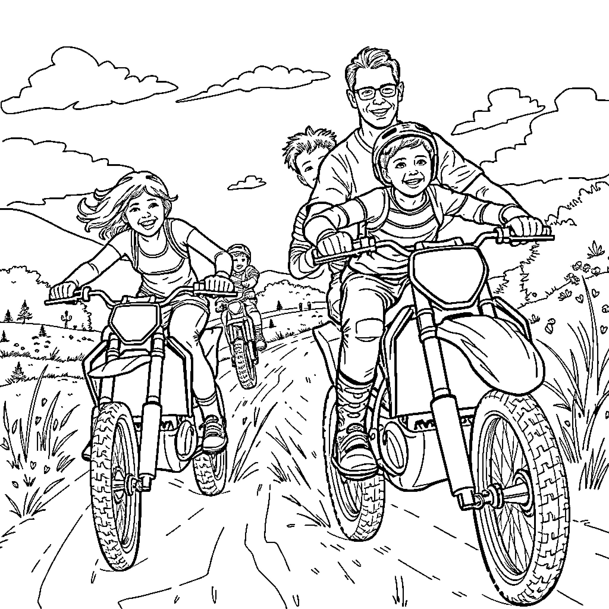 Dirt Bike Family Enjoying Outdoor Adventure Coloring Page (free black-and-white line drawing printable PDF for all, from beginners to advanced learners, including children, teens, adults, and seniors)