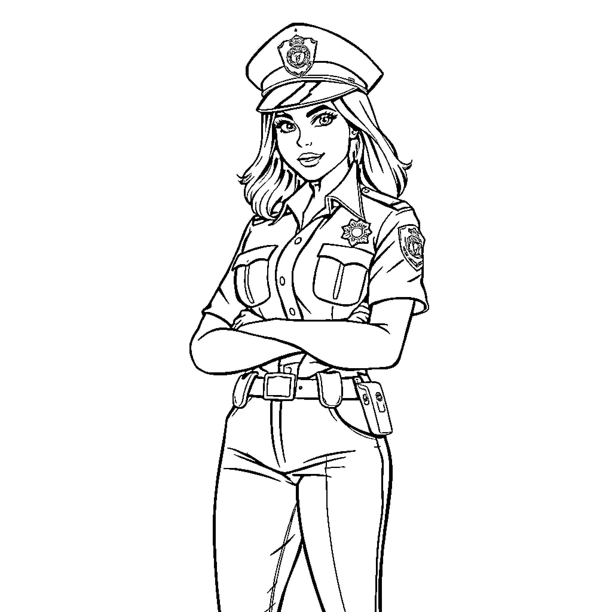 Olivia Benson in Police Uniform Posing Confidently Coloring Page (free black-and-white line drawing printable PDF for all, from beginners to advanced learners, including children, teens, adults, and seniors)