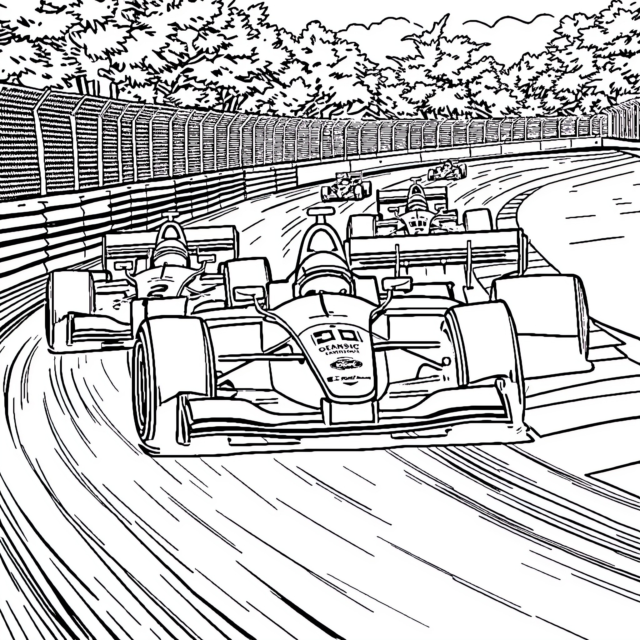Formula 1 Cars Racing on Racetrack Coloring Page (free black-and-white line drawing printable PDF for all, from beginners to advanced learners, including children, teens, adults, and seniors)