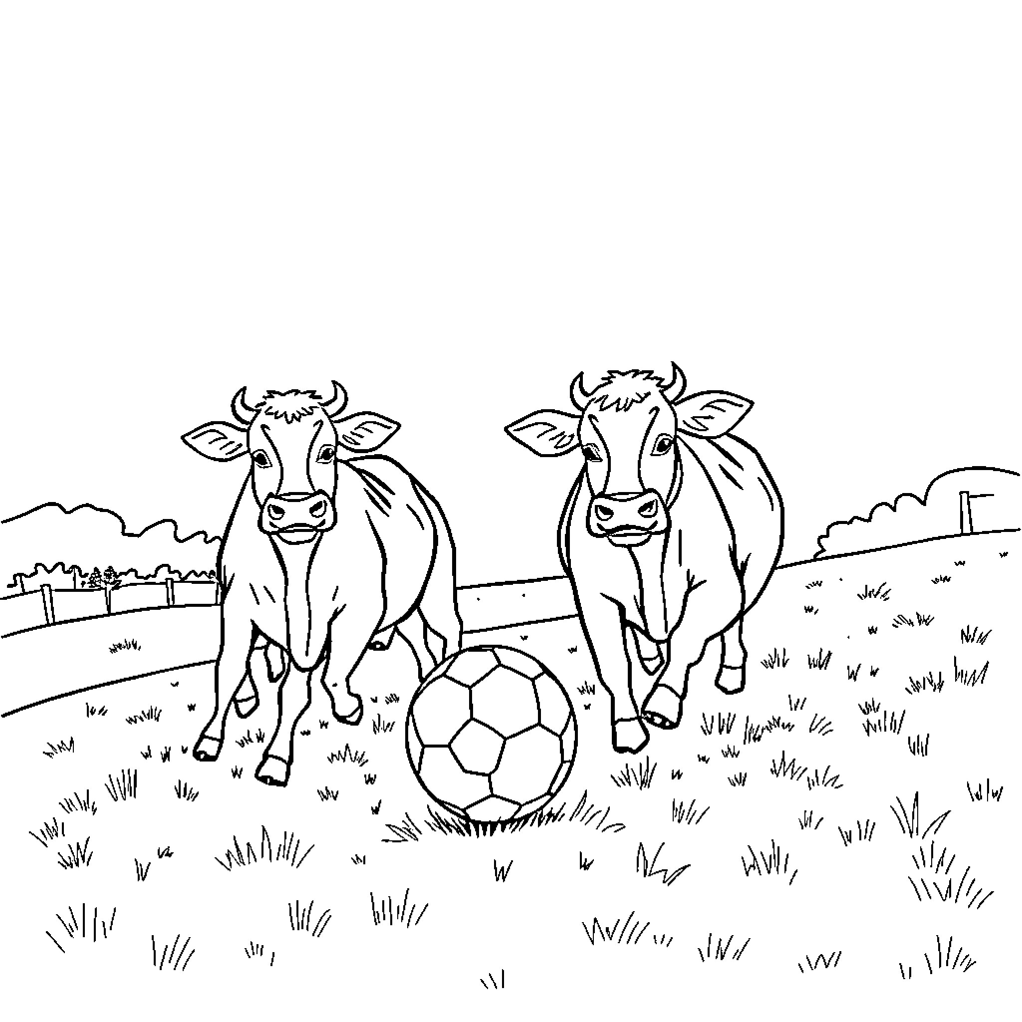 Cows playing with a soccer ball on the farm Coloring Page (free black-and-white line drawing printable PDF for all, from beginners to advanced learners, including children, teens, adults, and seniors)