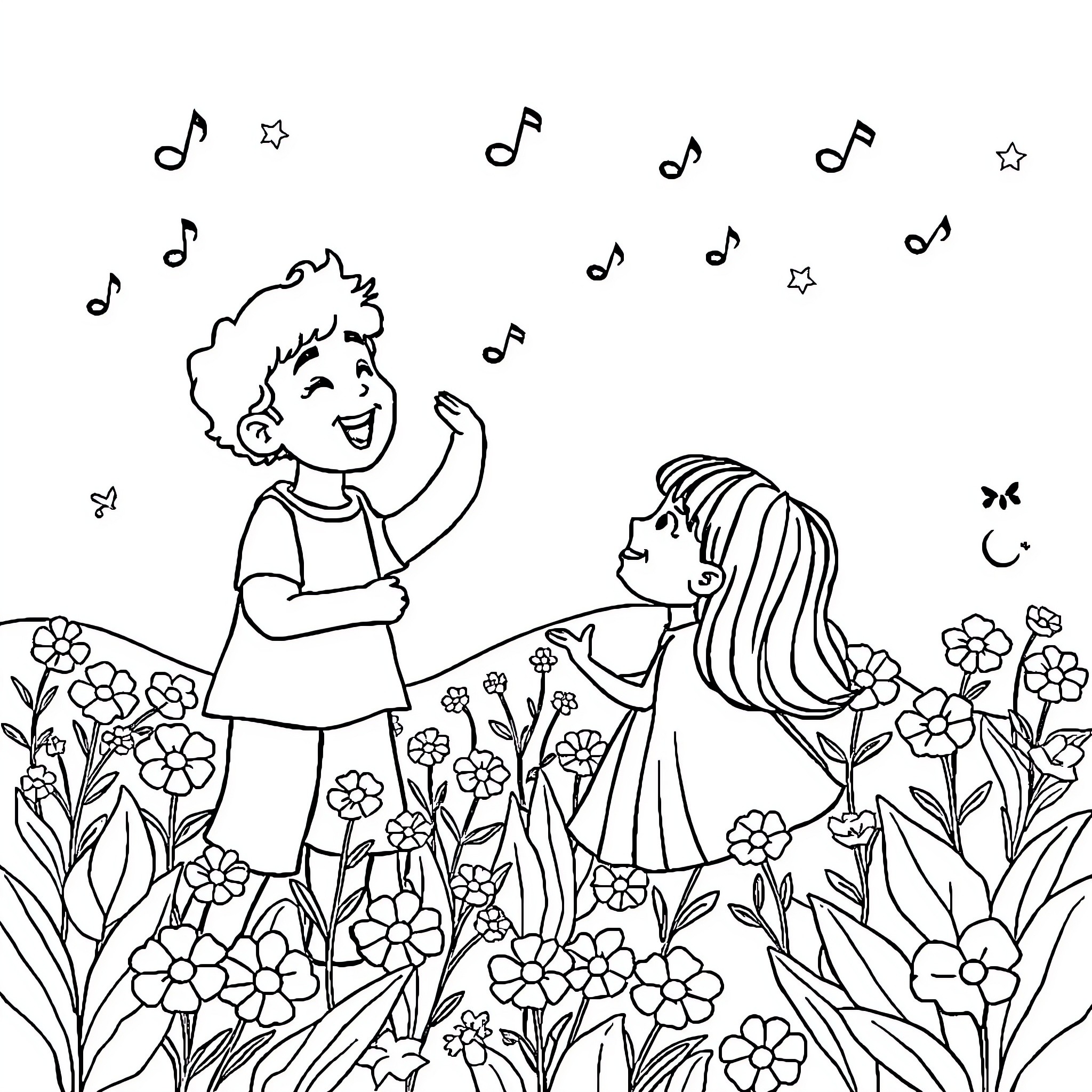 Tralalero: Children Dancing and Singing Amid Flowers Coloring Page (free black-and-white line drawing printable PDF for all, from beginners to advanced learners, including children, teens, adults, and seniors)