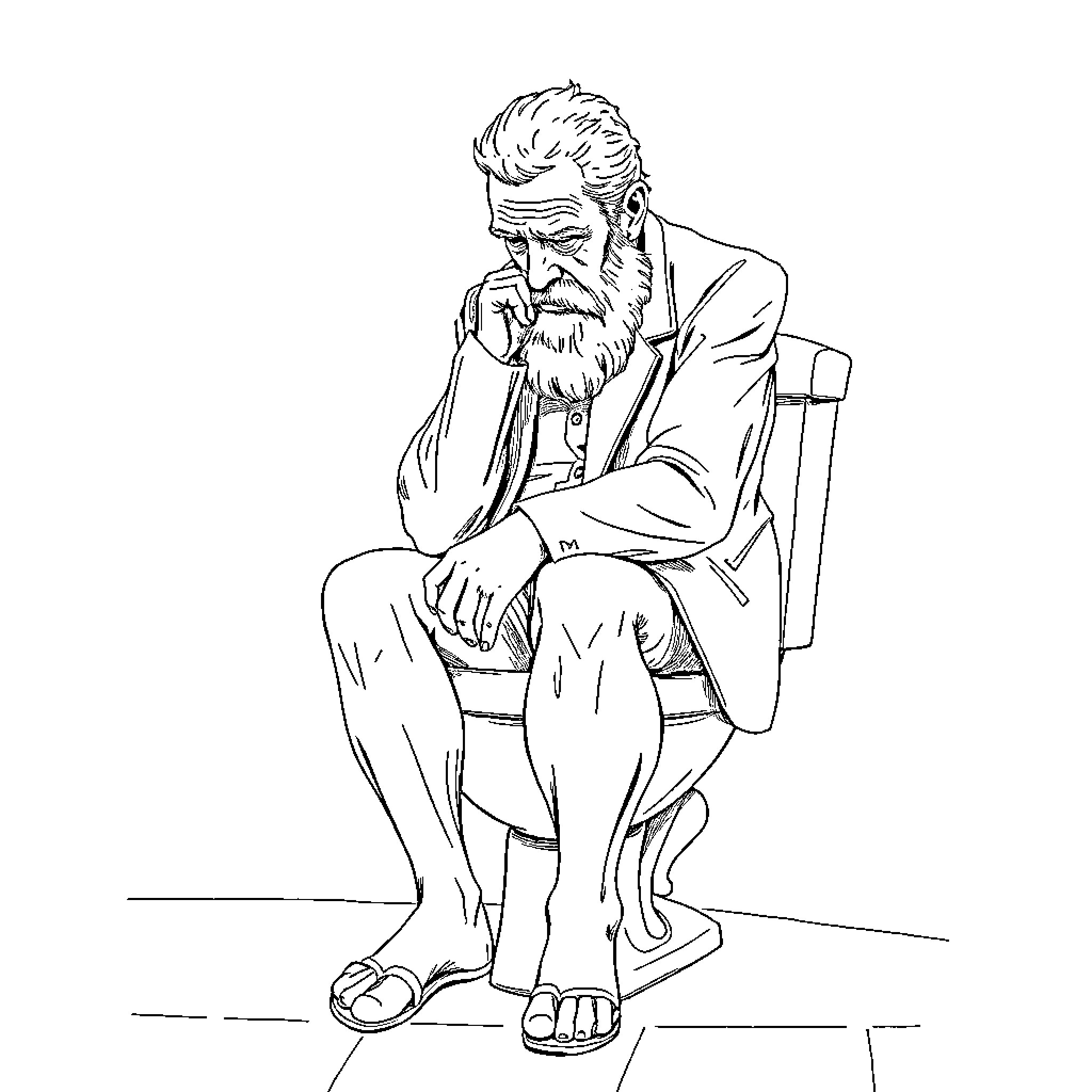 Sigmund Freud in deep thought Coloring Page (free black-and-white line drawing printable PDF for all, from beginners to advanced learners, including children, teens, adults, and seniors)